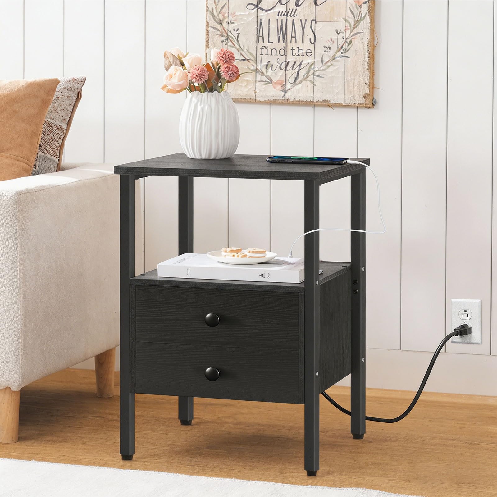 hoobro-bb43ubz01-table-appoint-noire-usb-type-c-2-tiroirs image 2