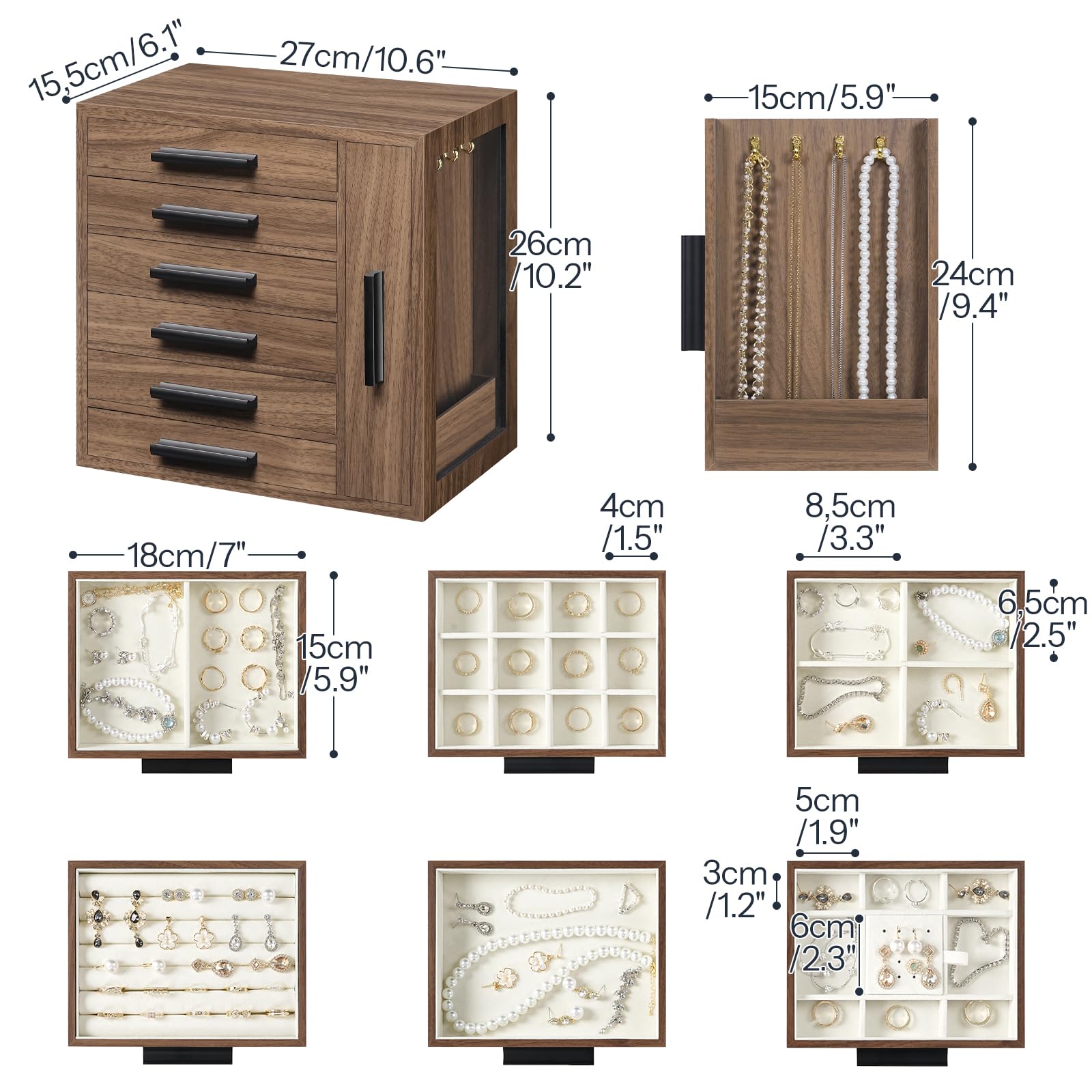 hoobro-jewelry-boxes-bo-te-bijoux-bois-noyer-6-tiroirs image 3