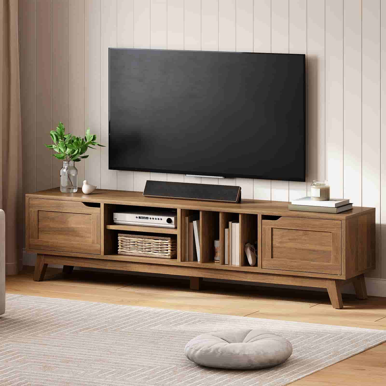 hoobro-meuble-tv-85-pouces-marron-2-portes-vintage image 2