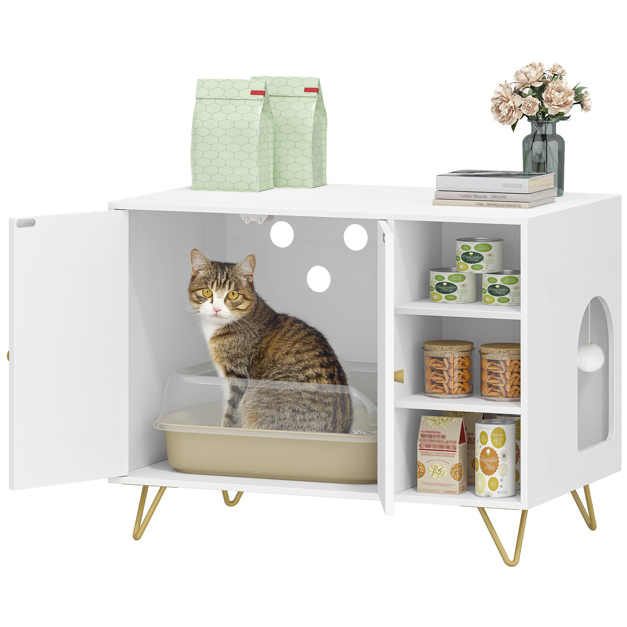 hexcelen-biblioth-ques-meuble-liti-re-chat-blanc-dor-80-cm image 4