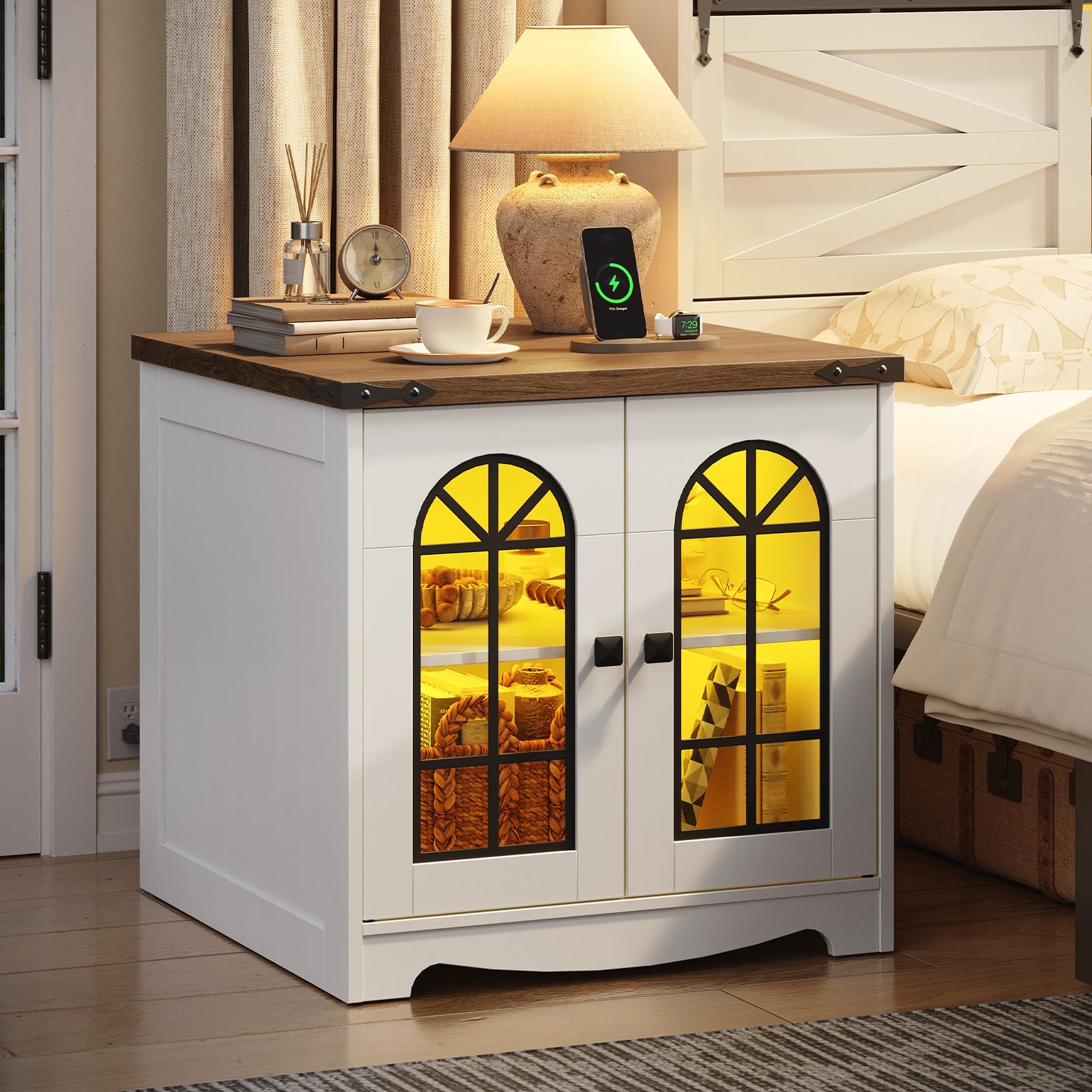 hoobro-table-de-nuit-blanche-led-avec-charge-et-armoire-2-portes image 4