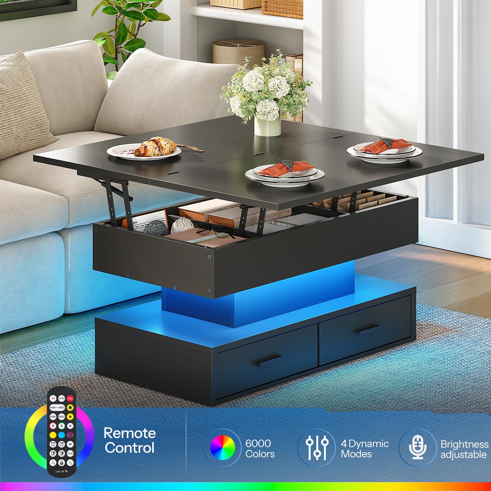 hoobro-coffee-tables-table-basse-noire-relevable-led-rangement image 6