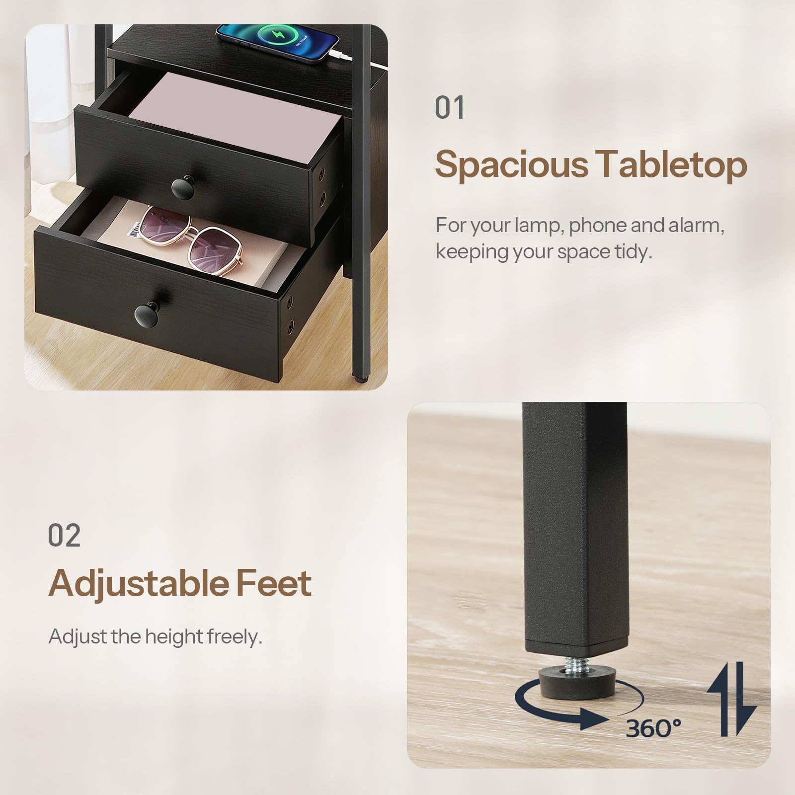 hoobro-bb43ubz01-table-appoint-noire-usb-type-c-2-tiroirs image 7