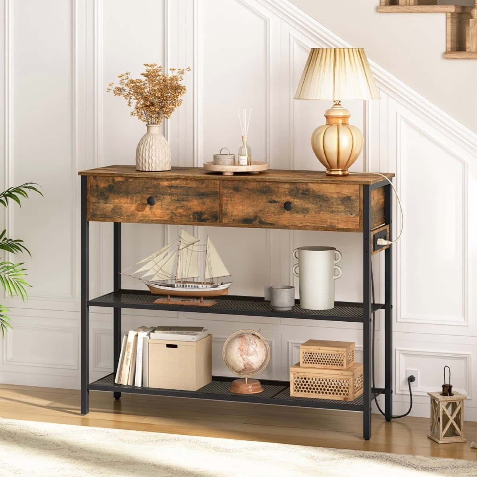 hoobro-console-table-console-entr-e-3-niveaux-marron-tiroirs image 2