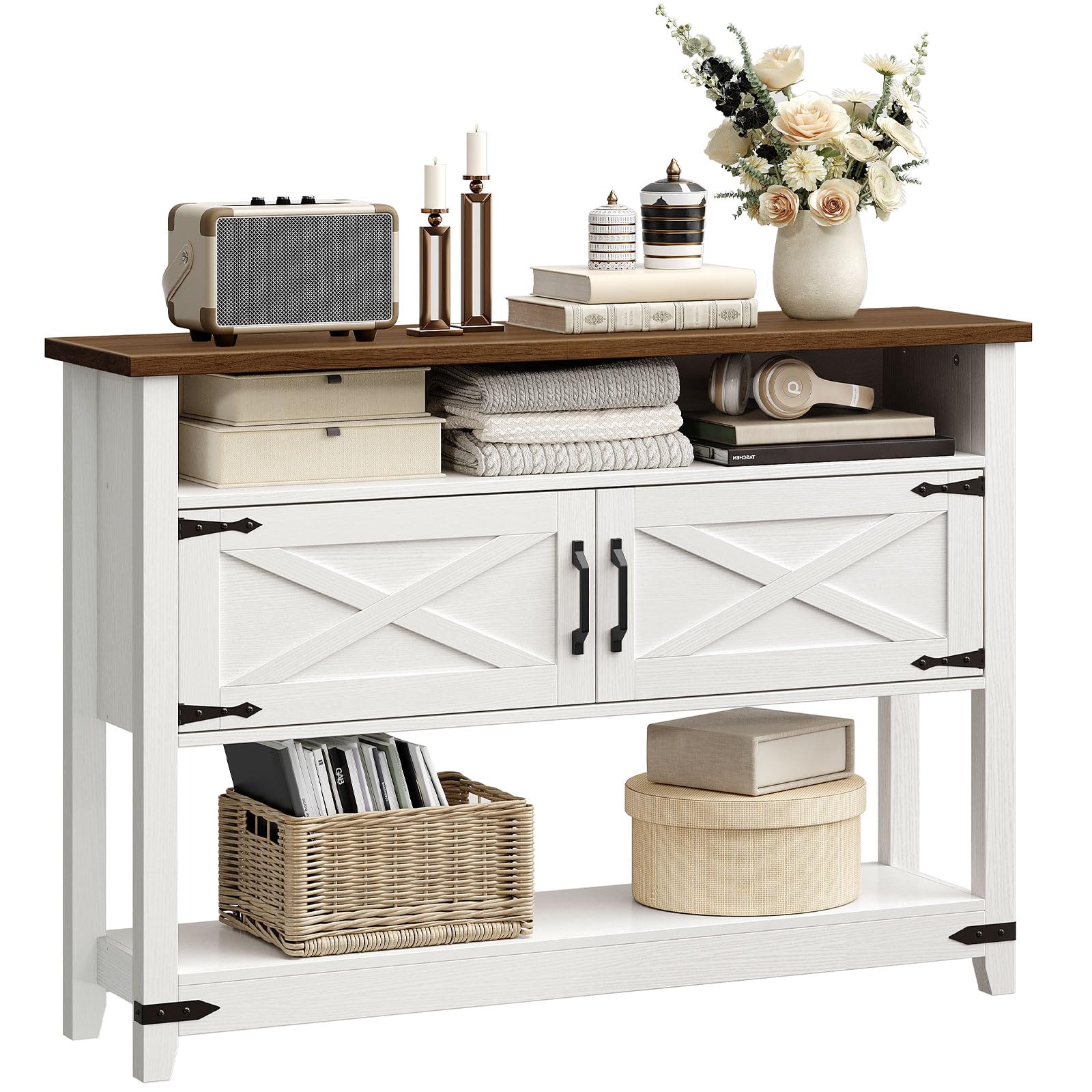 hoobro-console-table-console-blanche-120-cm-avec-placards image 1