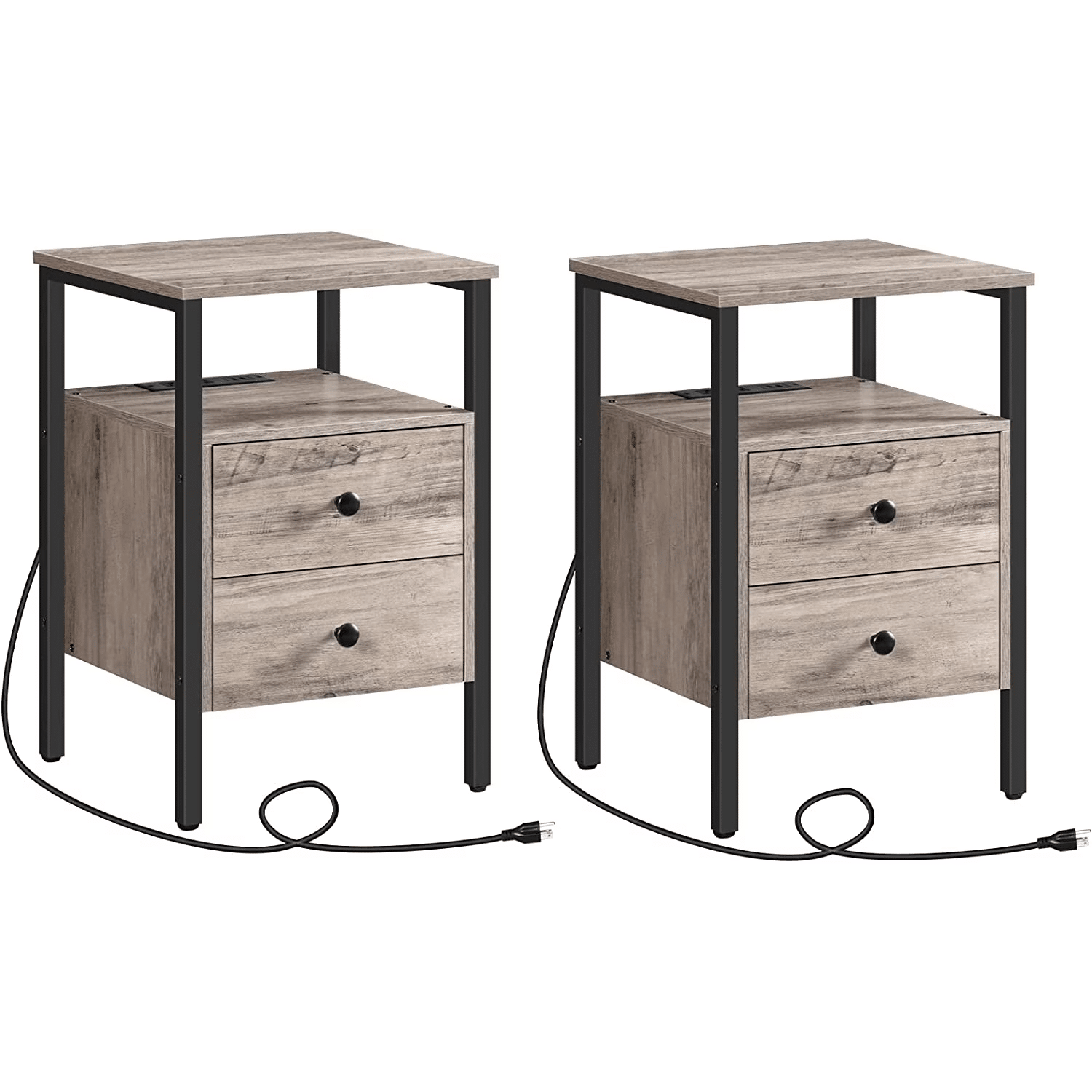 hoobro-lot-2-tables-de-chevet-greige-prise-usb-tiroirs image 1