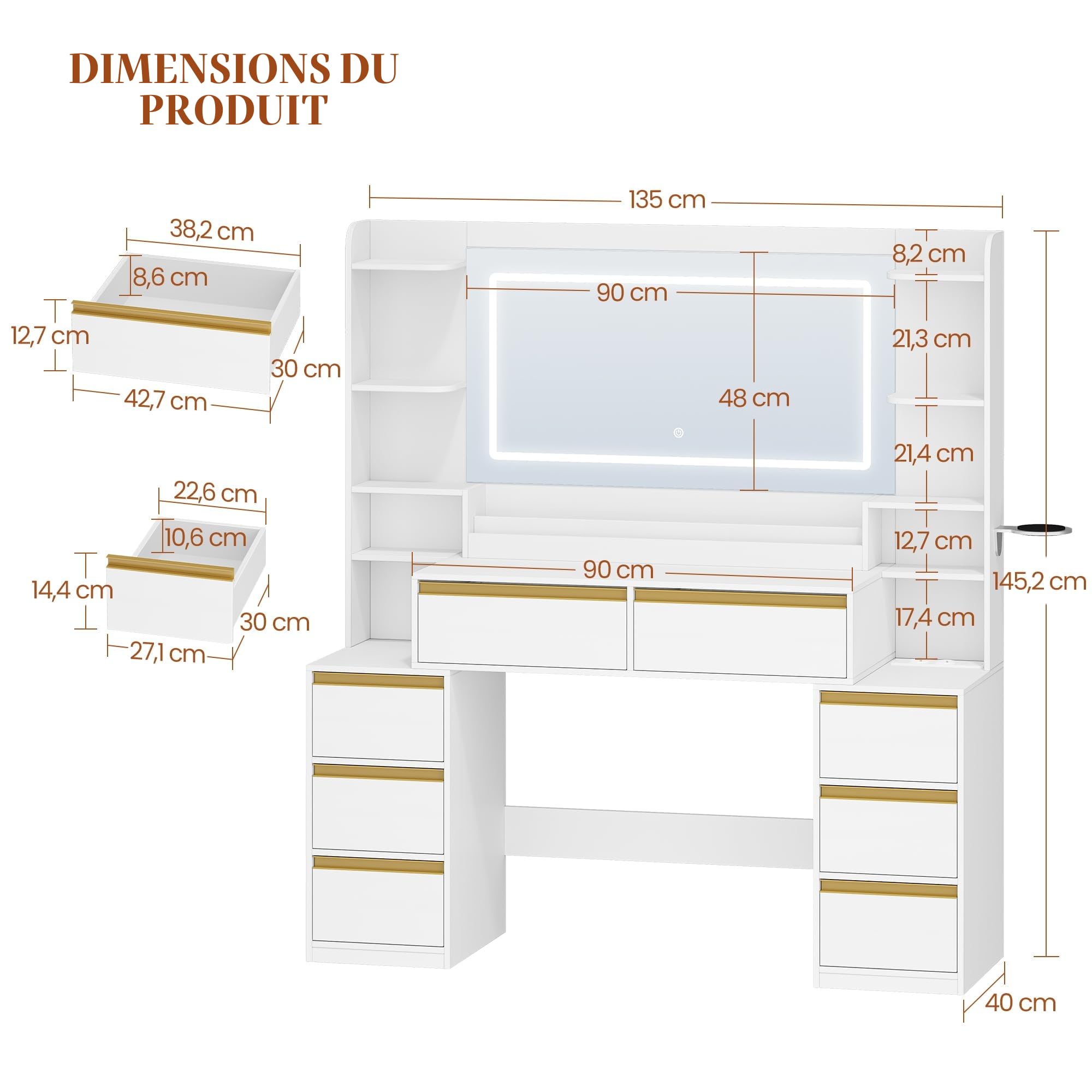 hexcelen-coiffeuse-avec-miroir-135-cm-blanc-dor-led-usb image 2