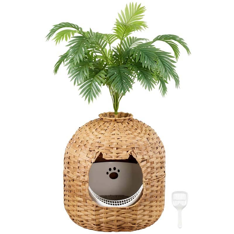 hoobro-meuble-liti-re-chat-rotin-naturel-avec-plante image 1