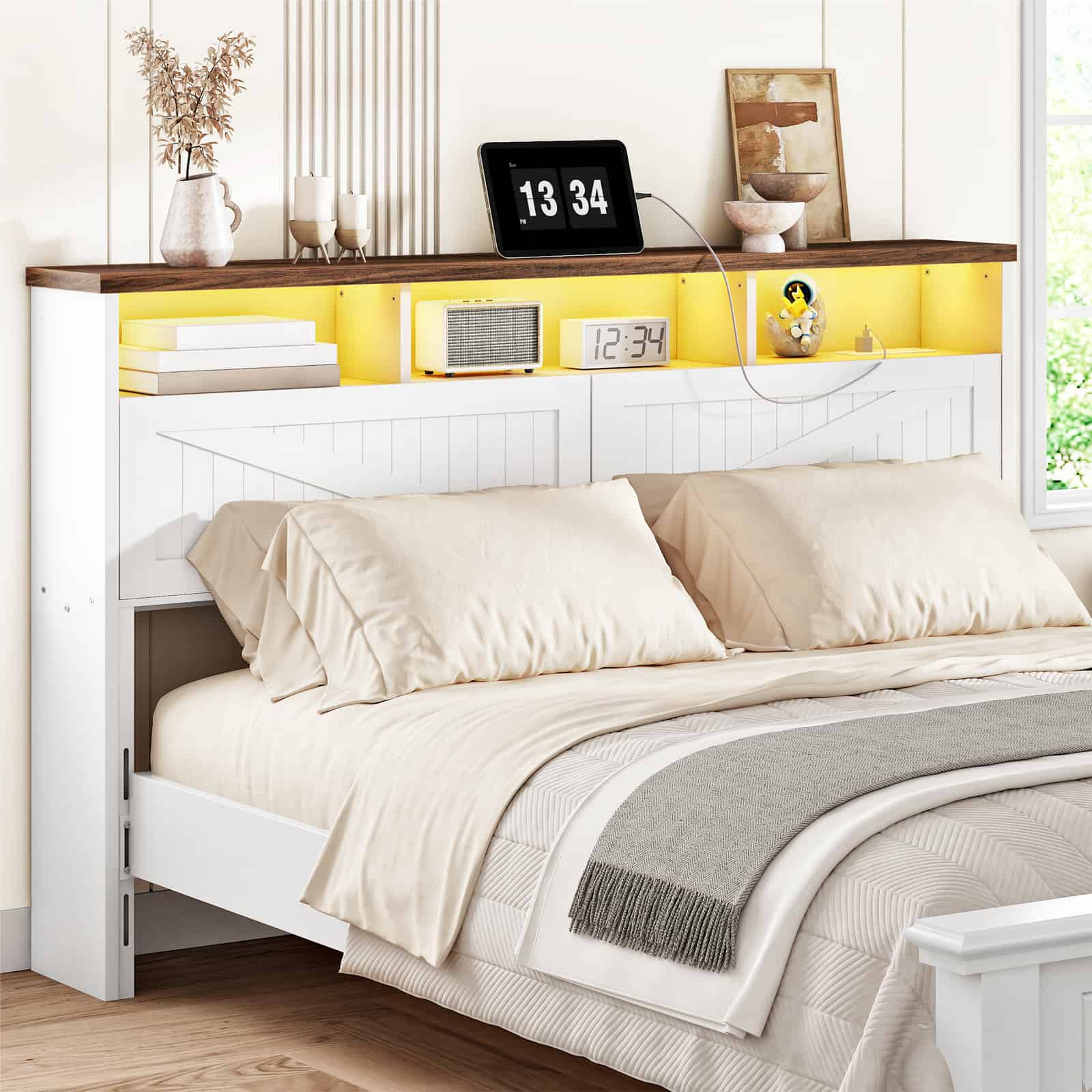 hoobro-t-te-de-lit-blanche-rangement-led-usb-biblioth-que image 4