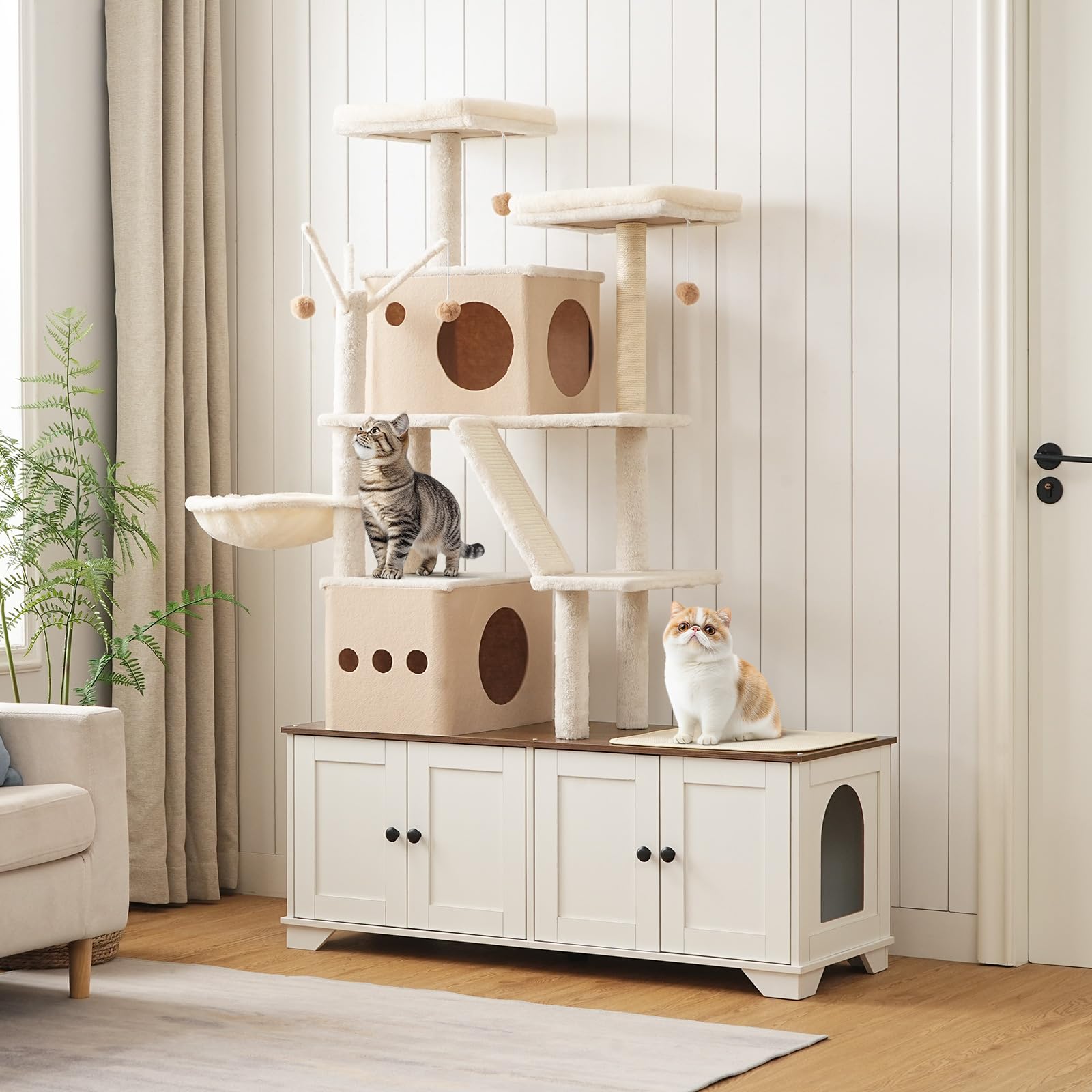 hoobro-arbre-chat-blanc-2-en-1-cache-liti-re-griffoir image 2