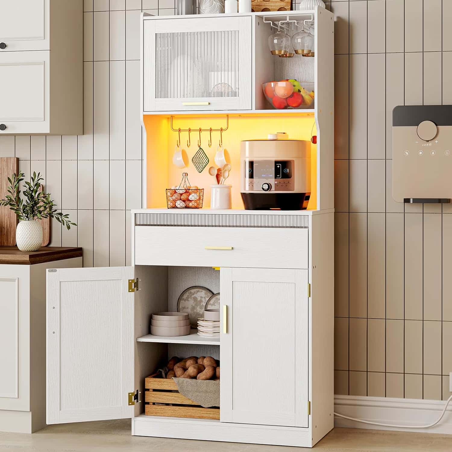 hoobro-armoire-cuisine-blanche-67-pouces-led-et-prises image 2