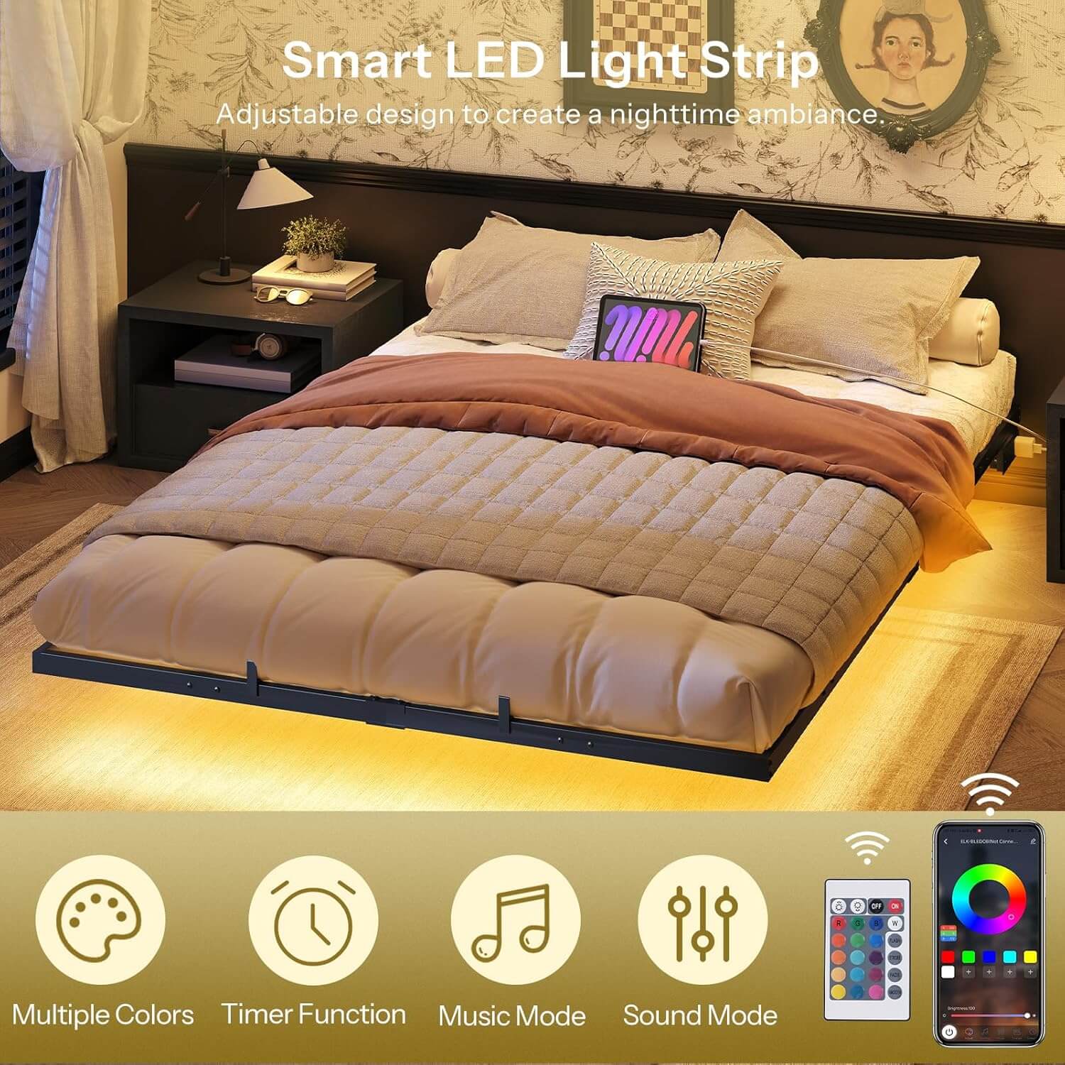 hoobro-bed-frames-lit-queen-flottant-noir-led-usb image 5