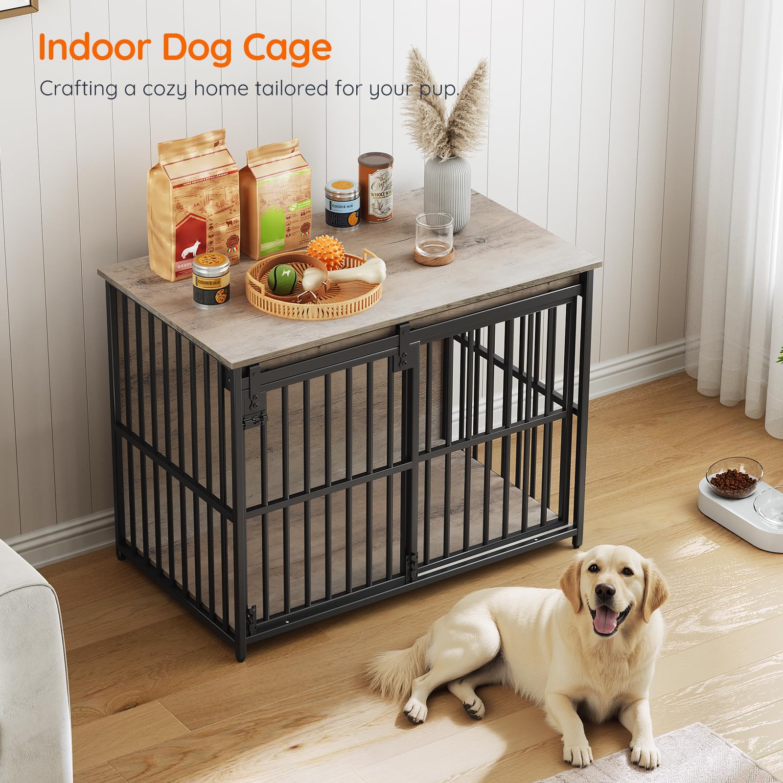 hoobro-cage-chien-bois-gris-porte-coulissante-niche-int-rieure image 5
