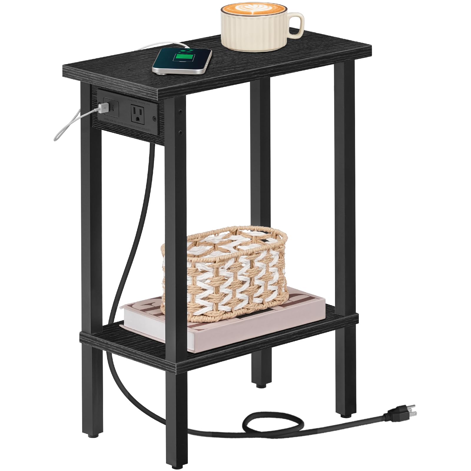 hoobro-side-tables-bout-de-canap-noir-usb-troit-2-niches image 1