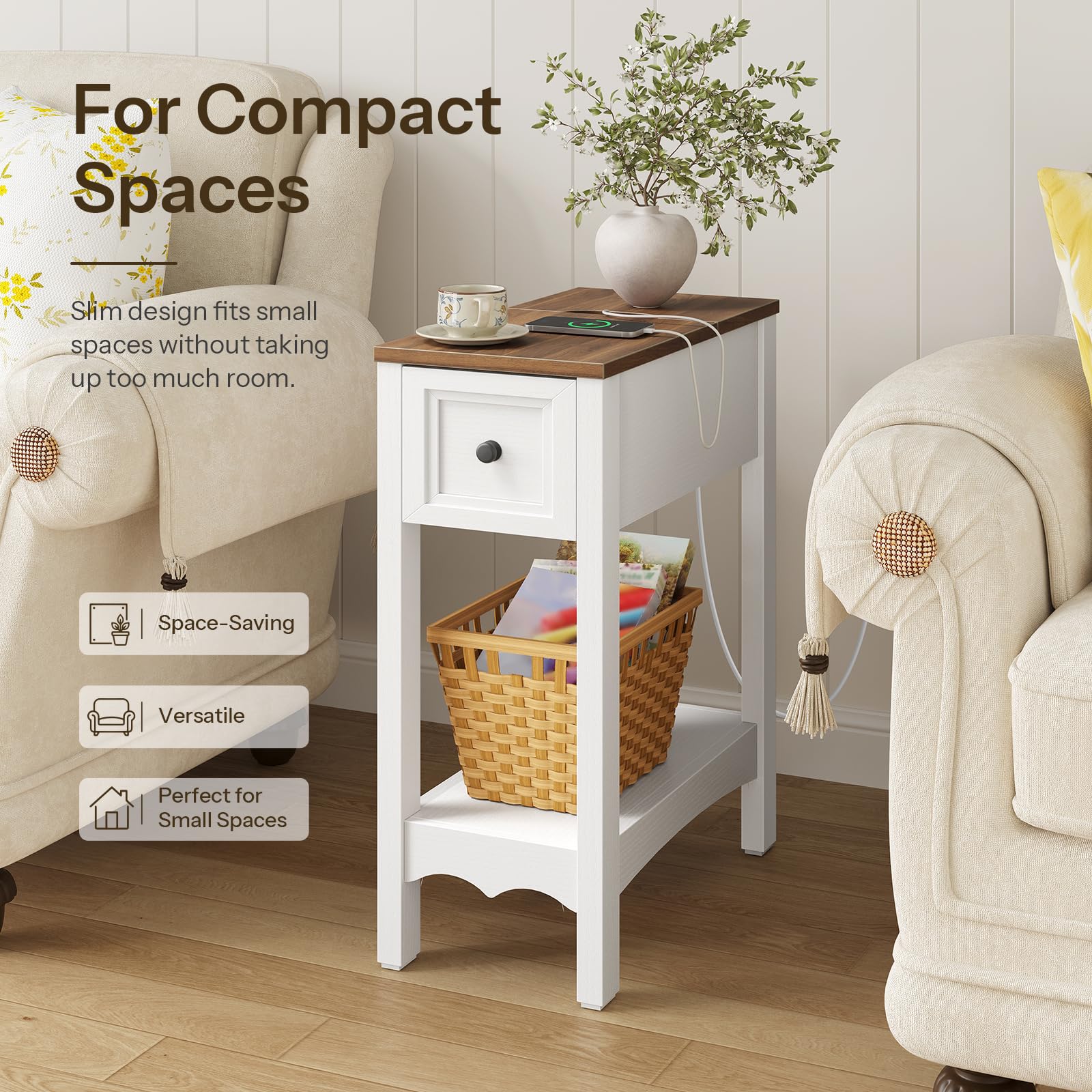 hoobro-side-tables-bout-de-canap-blanc-avec-prise-tiroir image 5