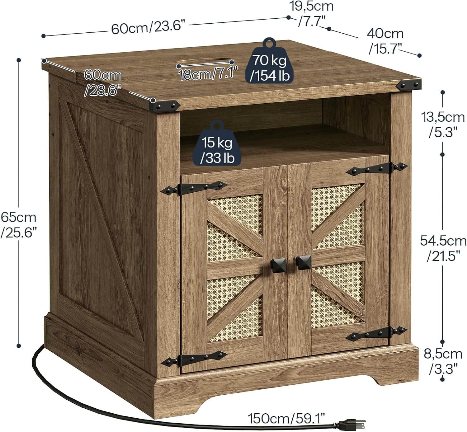 hoobro-side-tables-bout-de-canap-marron-prise-usb-rotin image 3