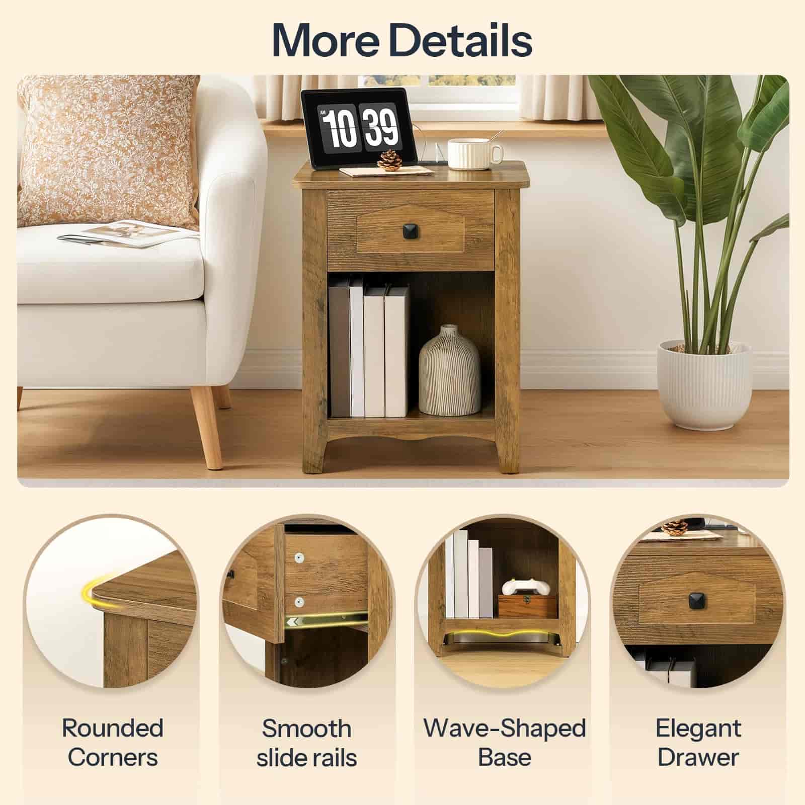 hoobro-nightstands-table-de-chevet-marron-station-charge image 8