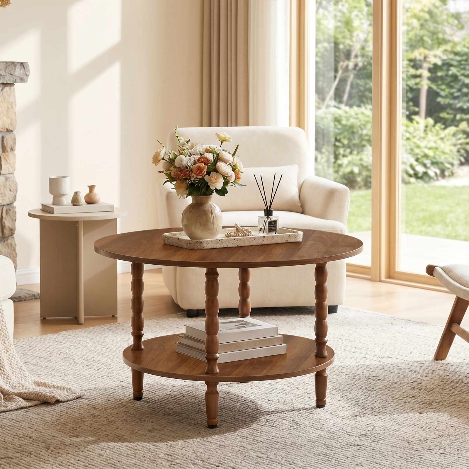 hoobro-coffee-tables-table-basse-ronde-bois-marron-2-niveaux image 6