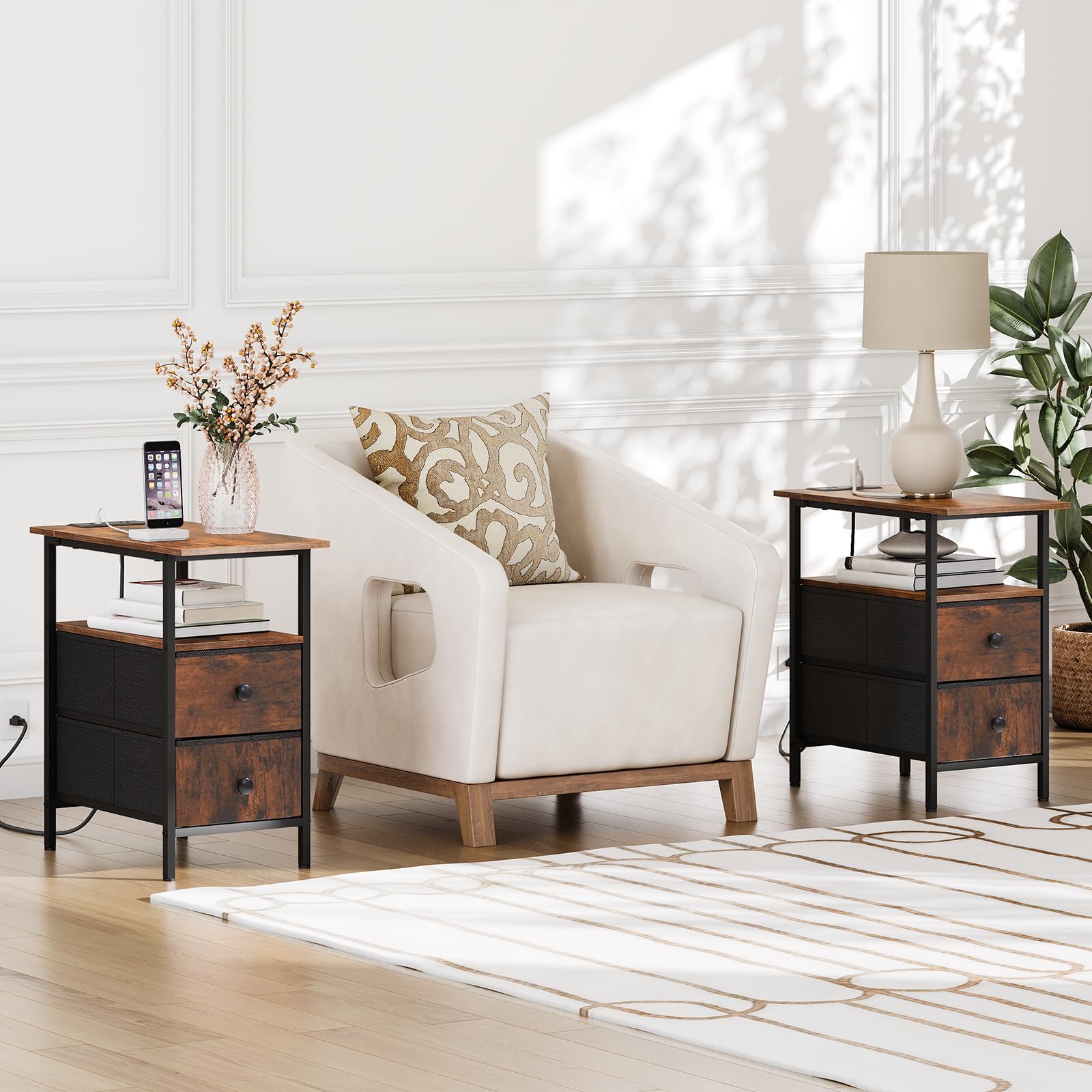 hoobro-side-tables-lot-2-tables-appoint-marron-usb image 2