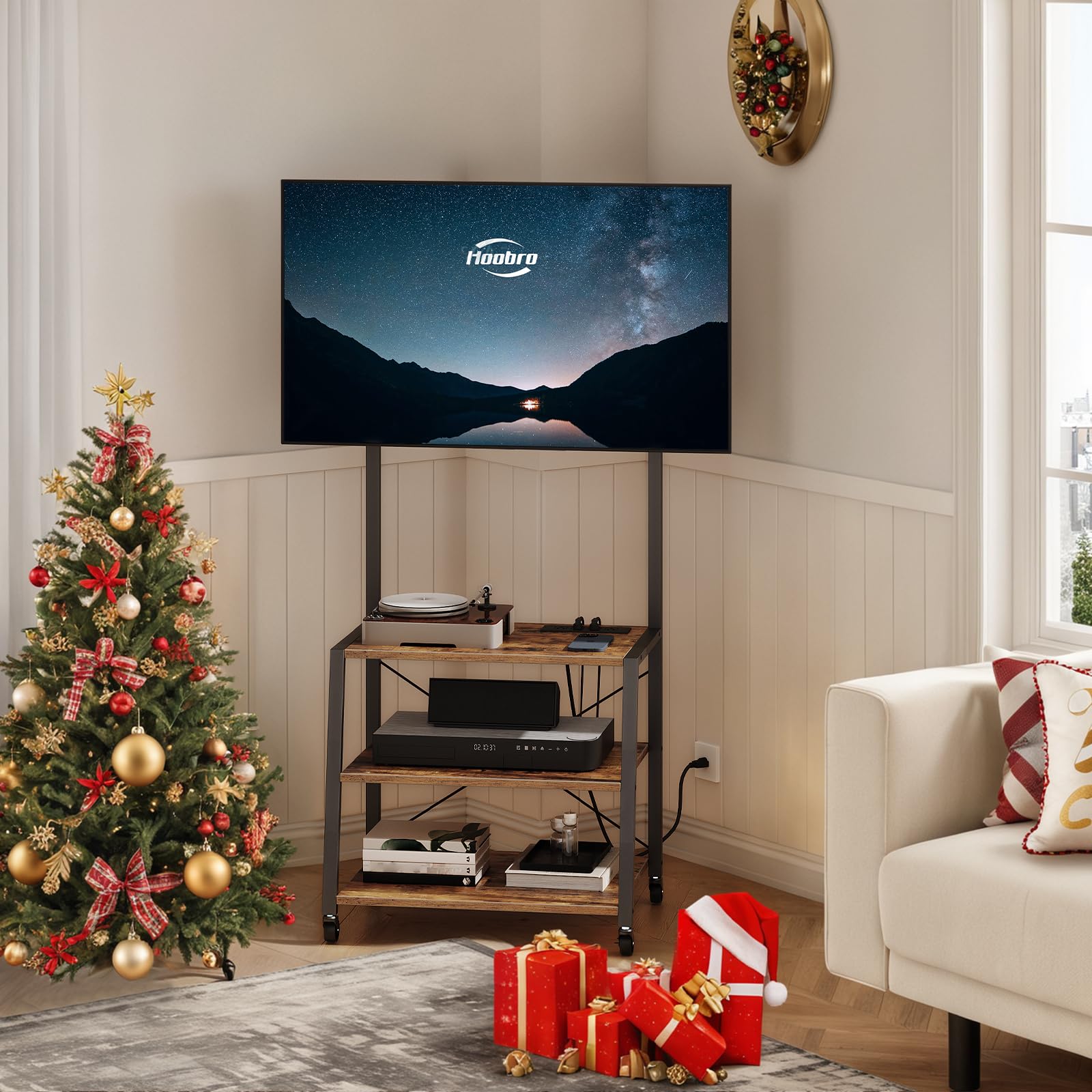 hoobro-tv-stands-bf66uds01-meuble-tv-roulettes-marron image 2