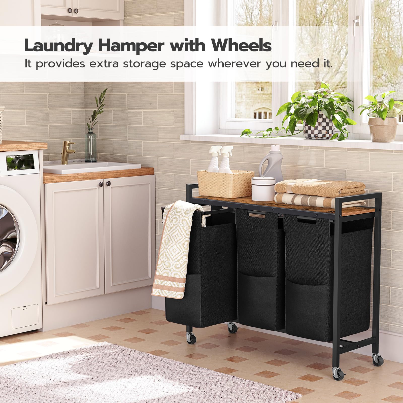 hoobro-43-5-l-panier-linge-3-compartiments-roulettes-marron image 6