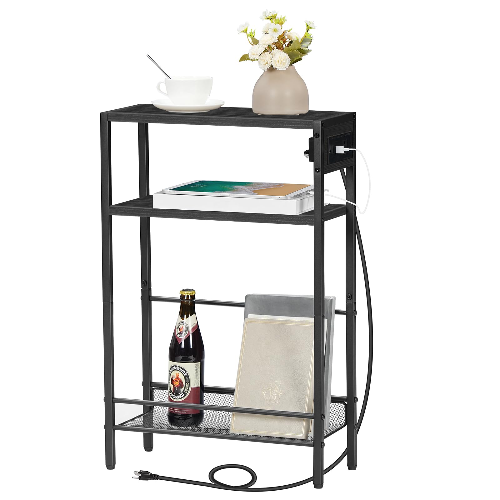 hoobro-side-tables-table-d-appoint-troite-noire-avec-station-charge image 1