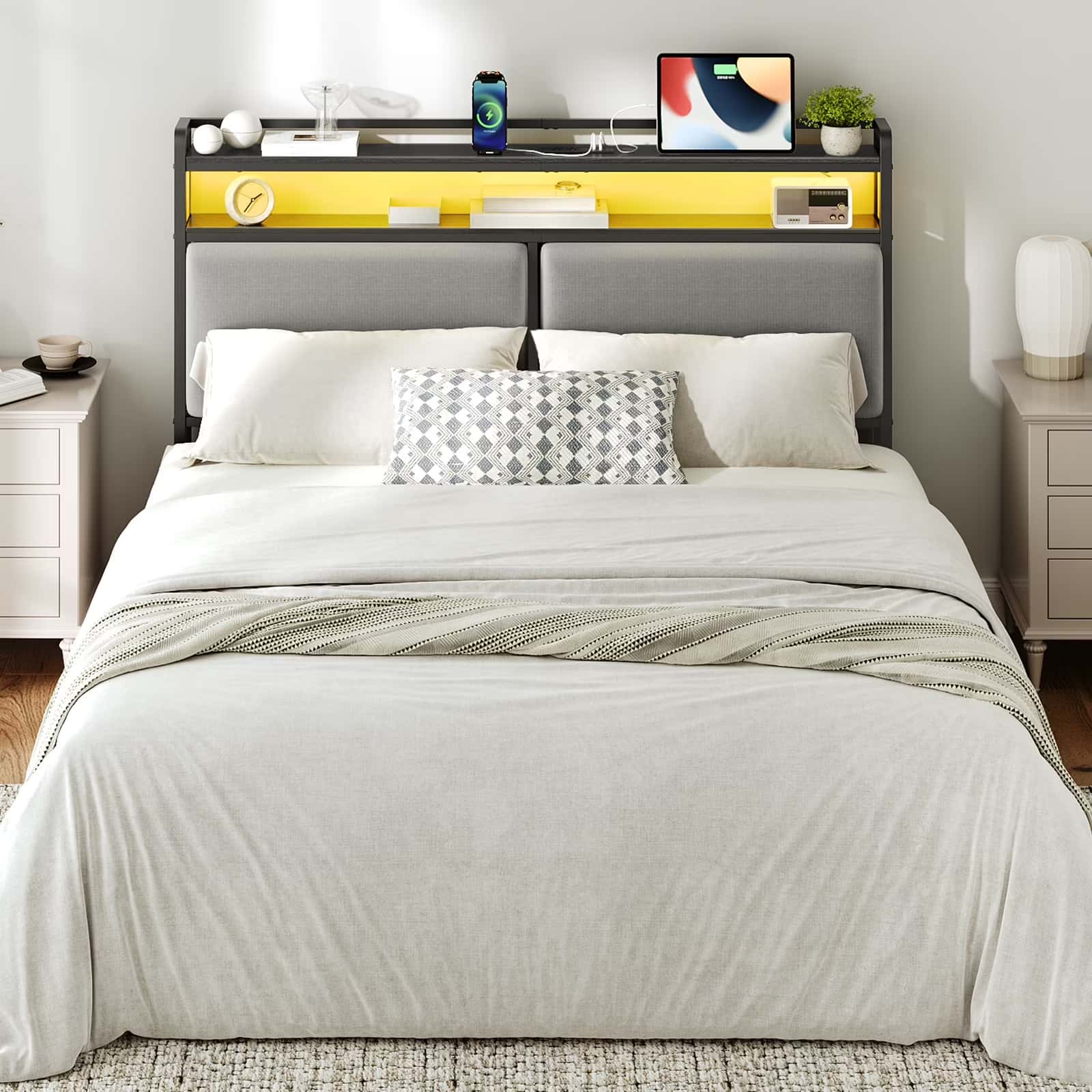hoobro-headboards-t-te-de-lit-queen-grise-led-avec-prises image 2