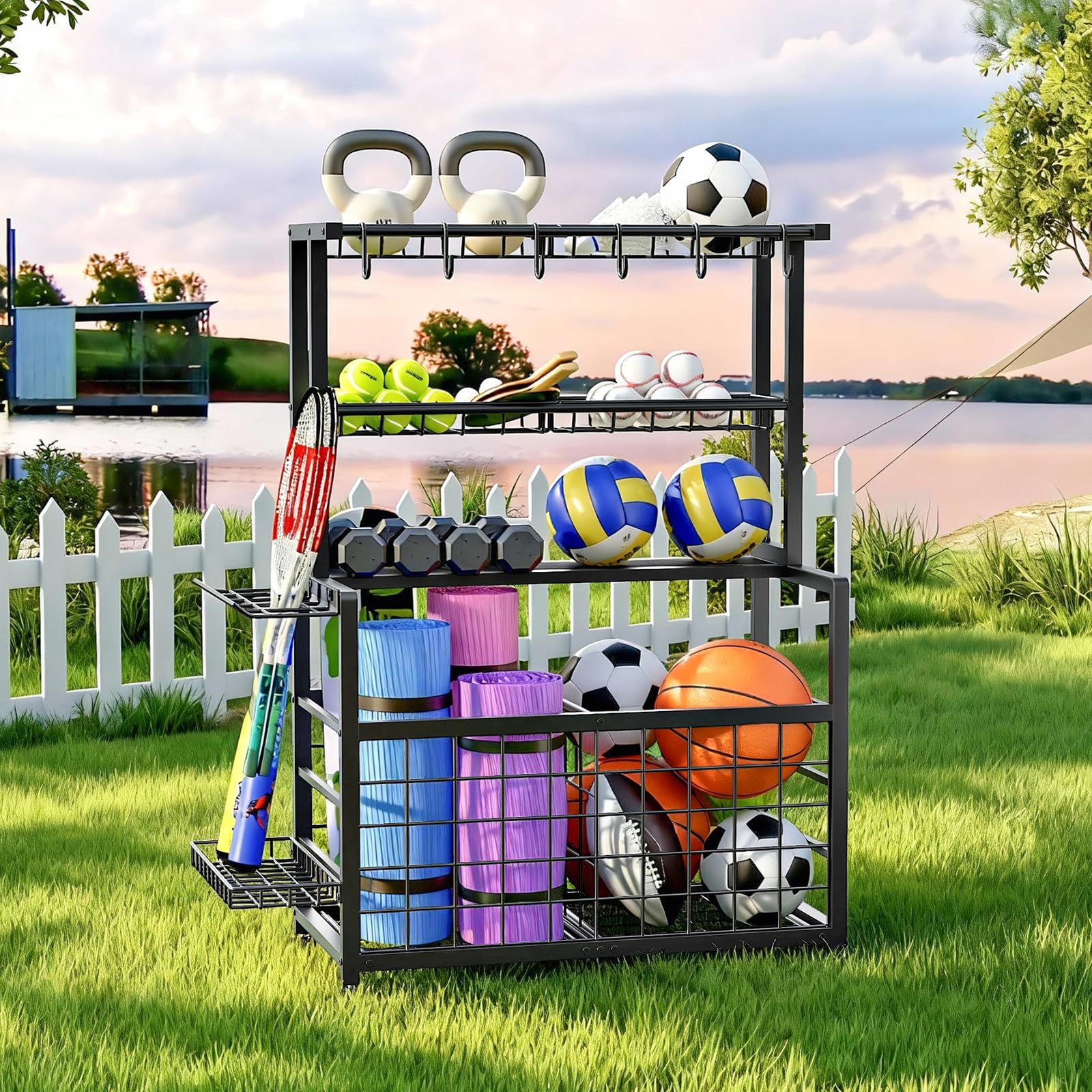 hoobro-range-ballons-noir-avec-panier-et-crochets-sport image 7