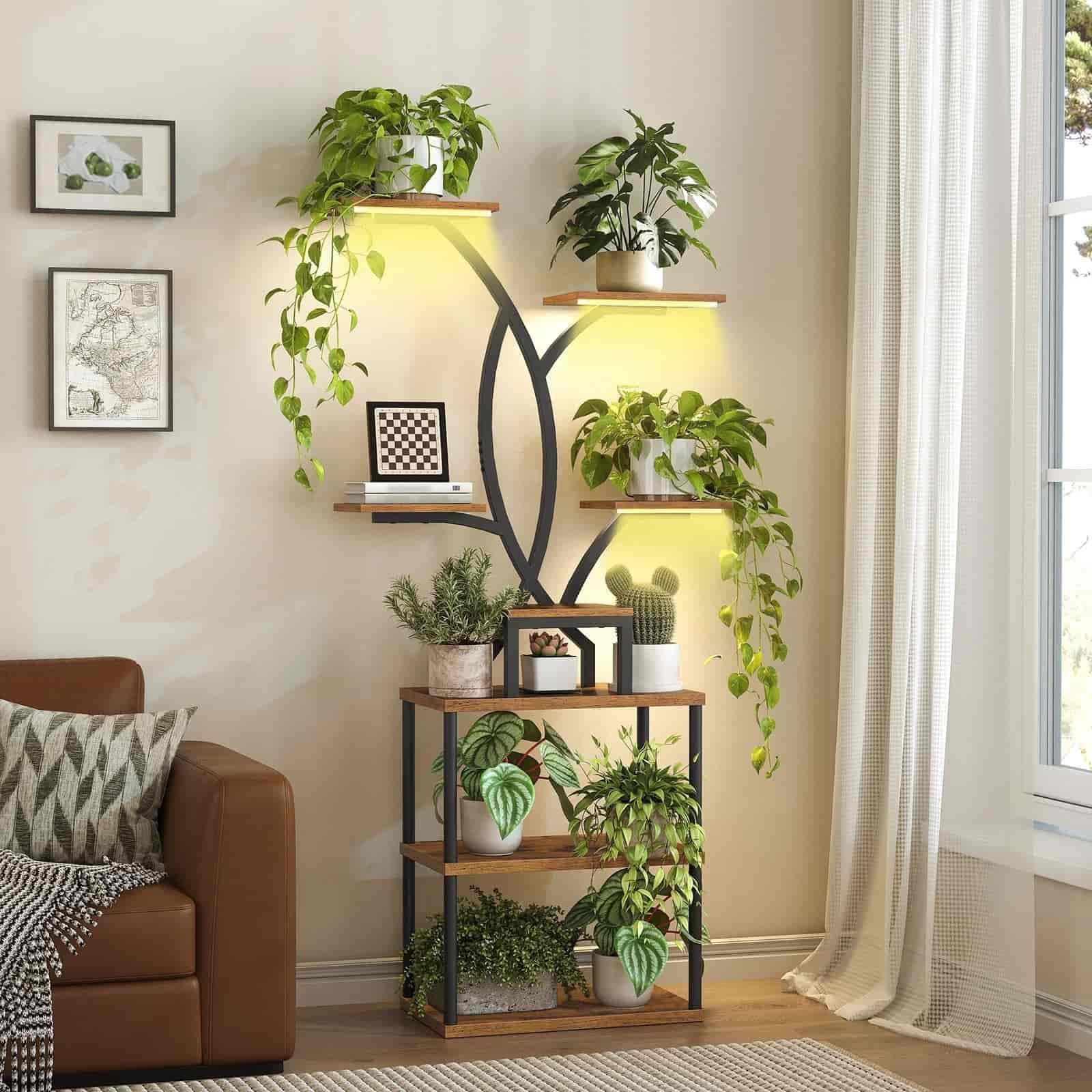 hoobro-storage-racks-porte-plantes-angle-marron-led image 5