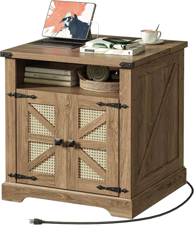 hoobro-side-tables-bout-de-canap-marron-prise-usb-rotin image 1