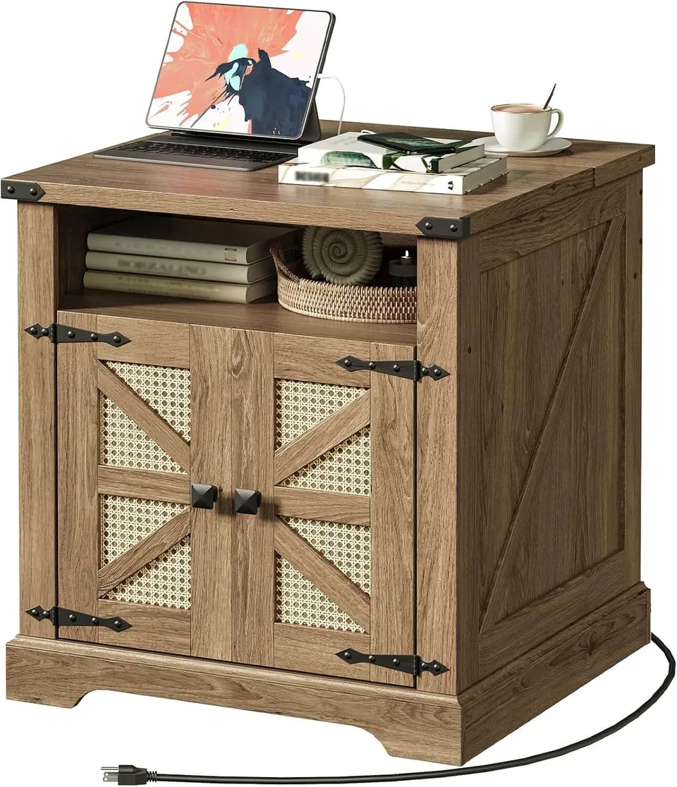 hoobro-side-tables-bout-de-canap-marron-prise-usb-rotin image 1