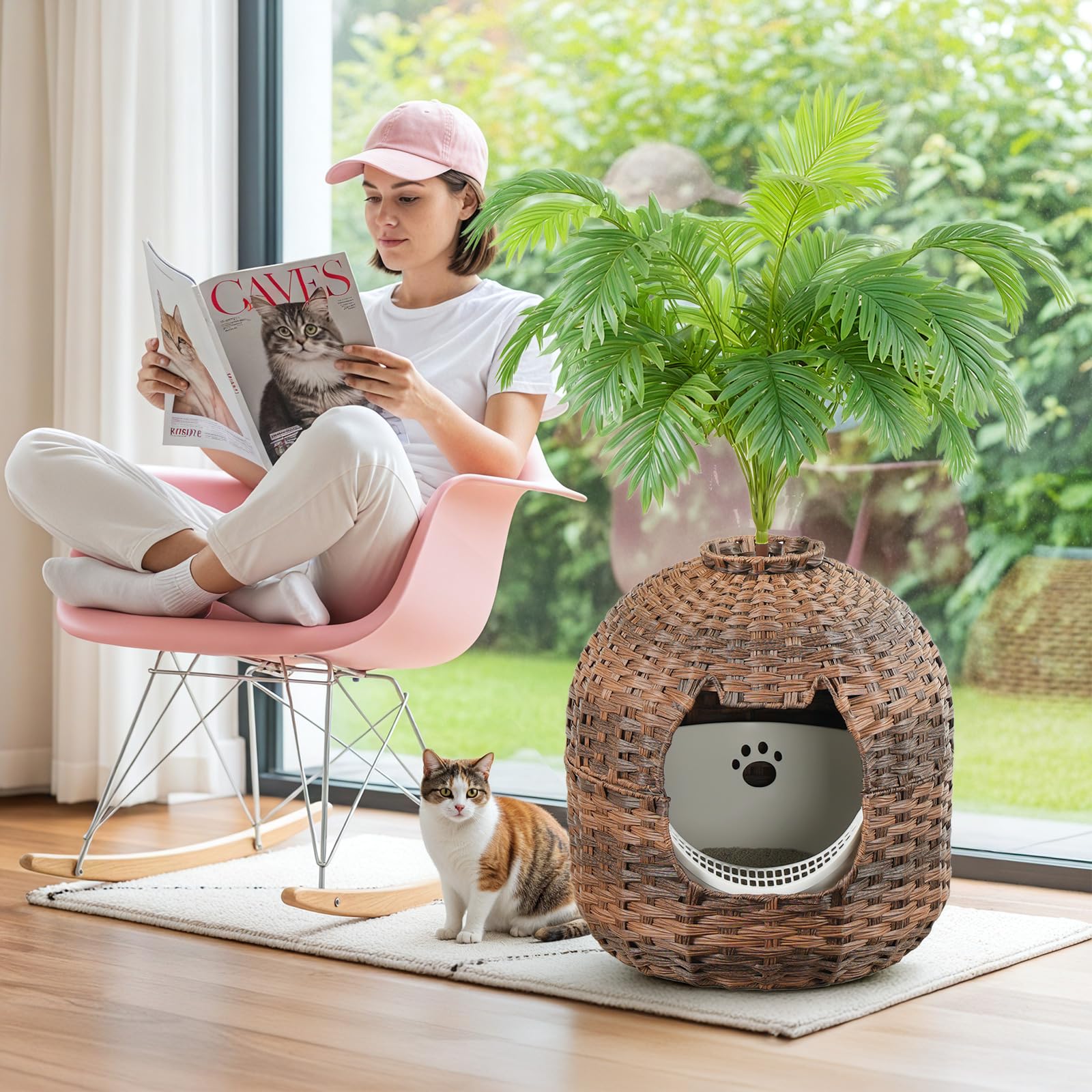 hoobro-pet-furniture-meuble-liti-re-chat-marron-rotin-plante image 2