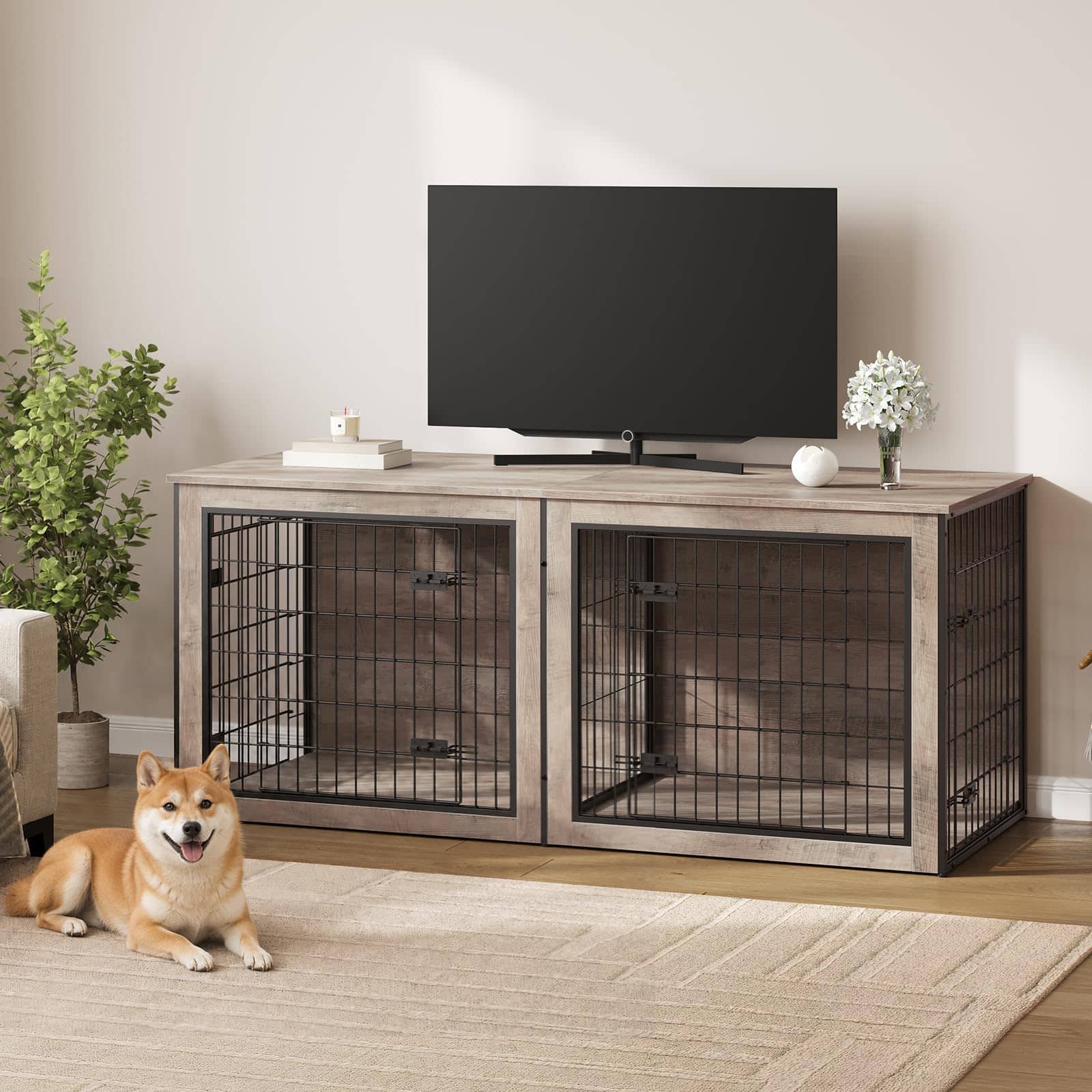 hoobro-pet-furniture-niche-chien-double-bois-greige-tv image 2