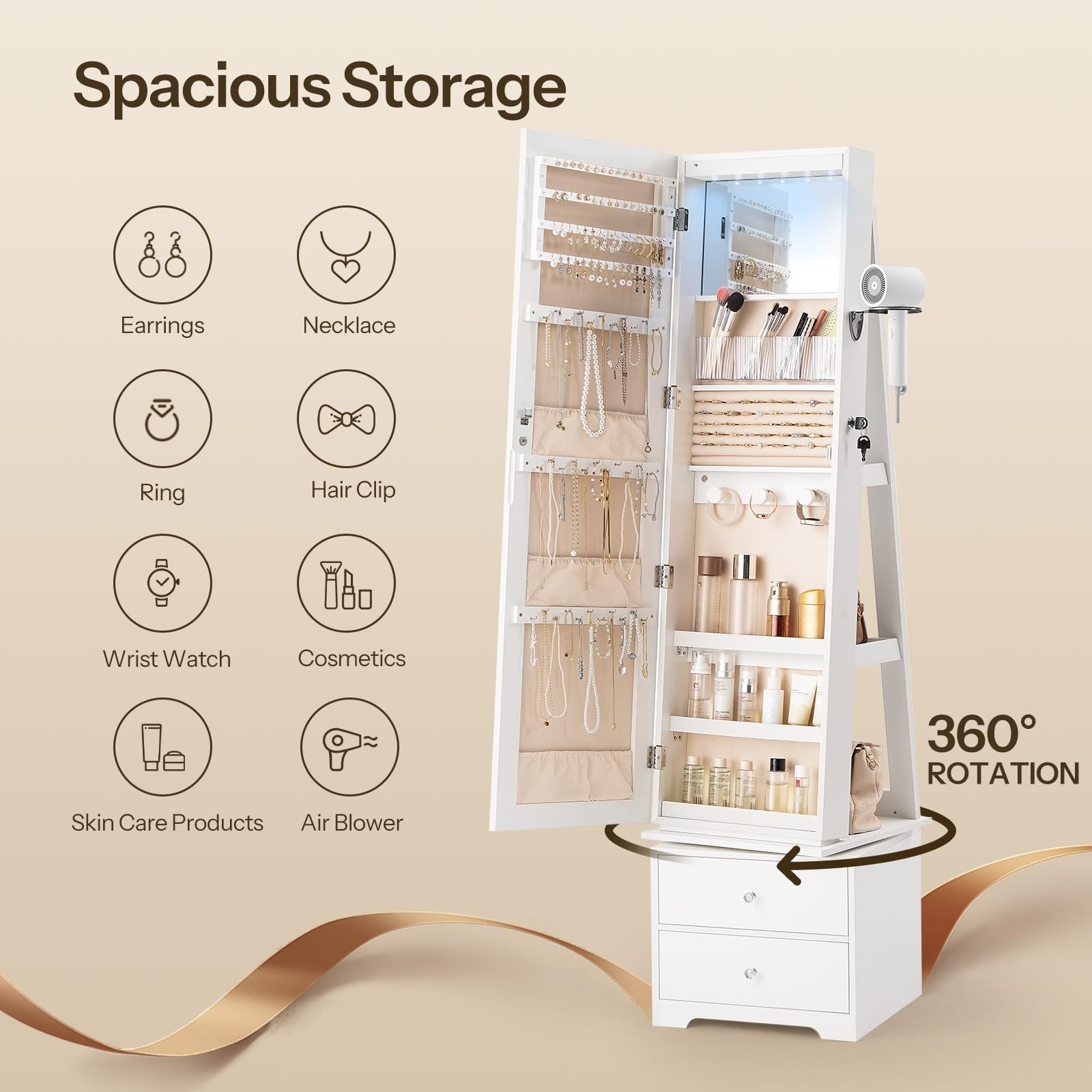 hoobro-jewelry-boxes-armoire-bijoux-blanche-led-360 image 8