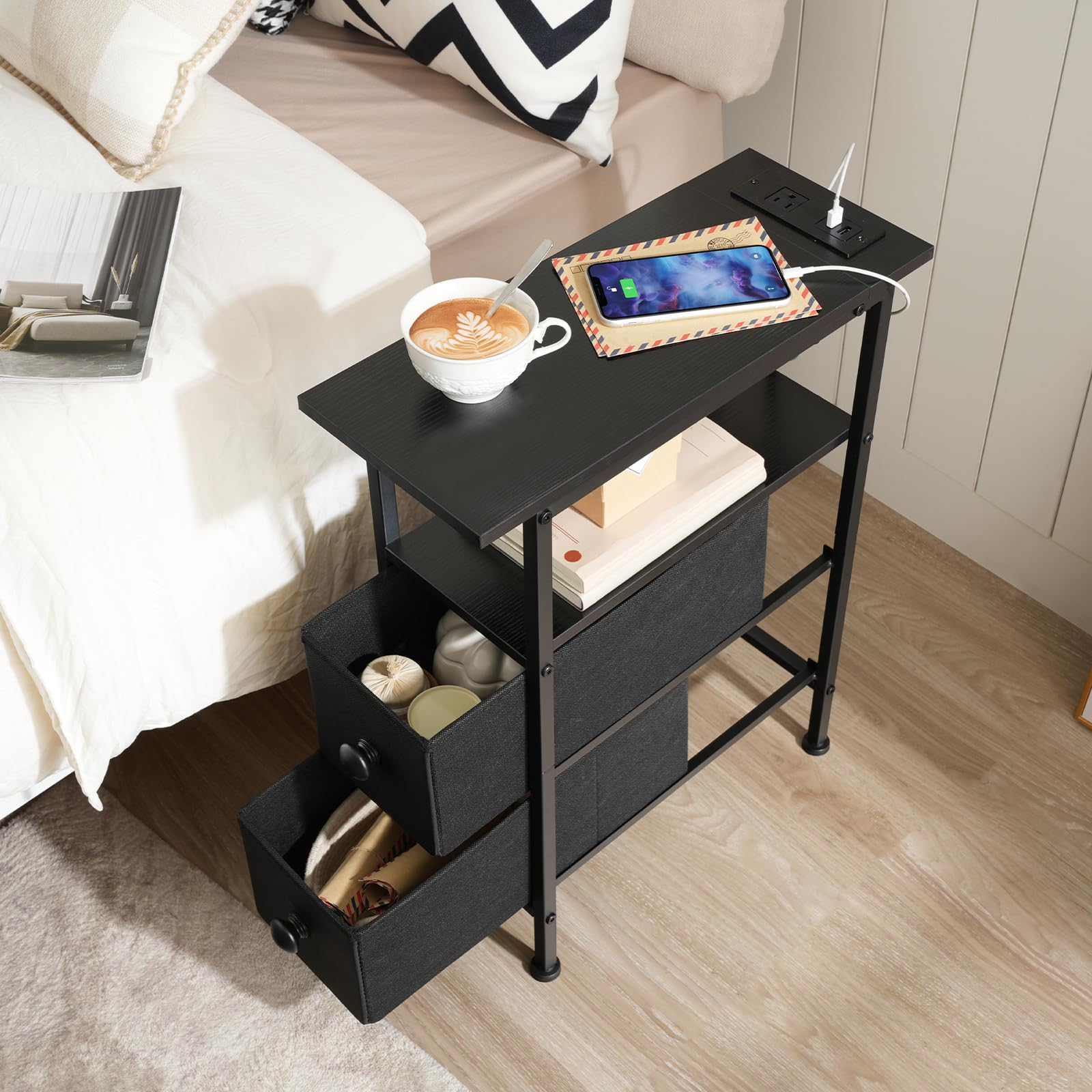 hoobro-side-tables-table-nuit-noire-avec-prise-2-tiroirs image 2