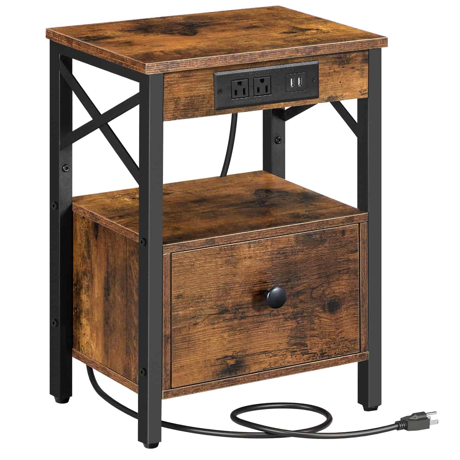 hoobro-table-de-chevet-avec-station-de-charge-marron-tiroir image 1