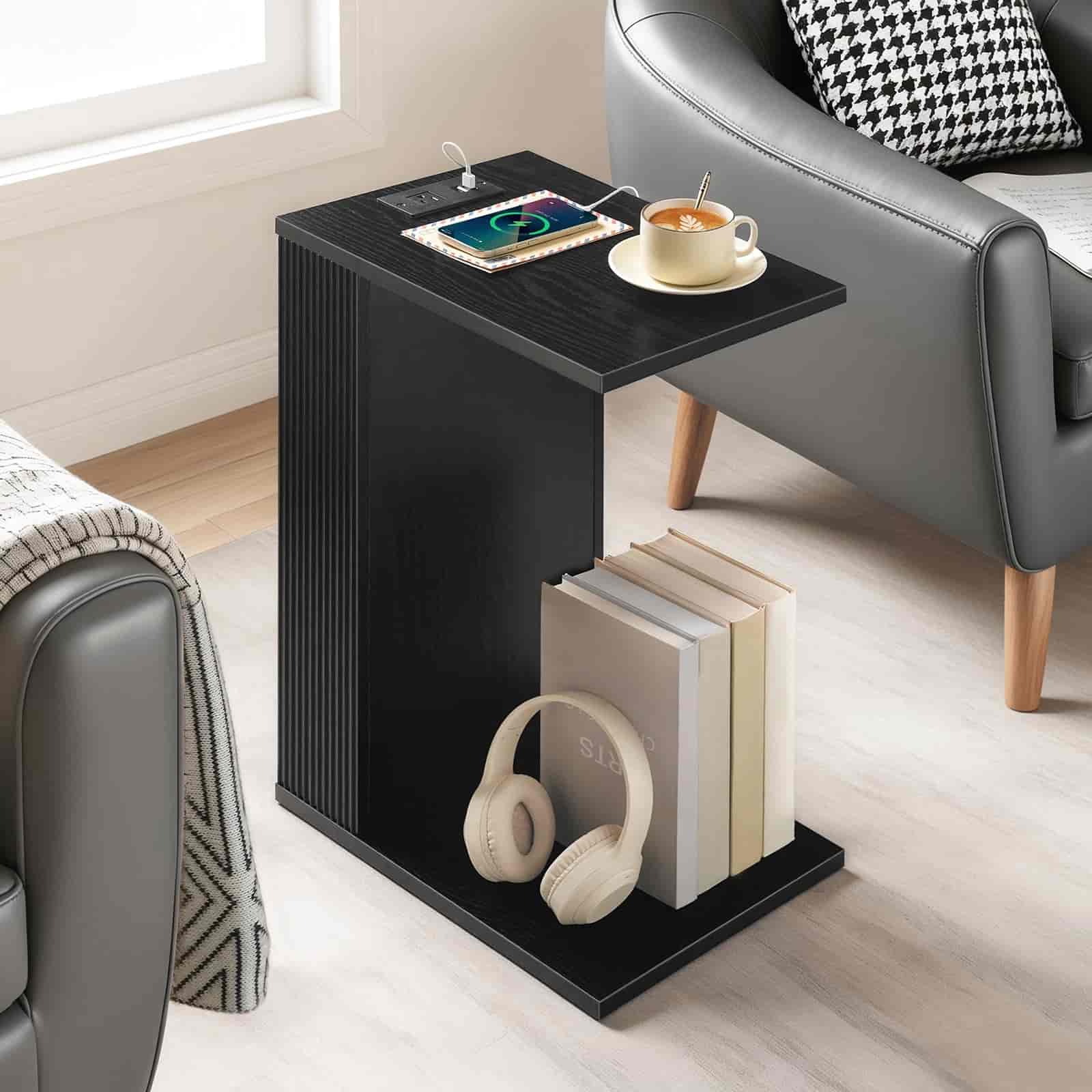 hoobro-table-d-appoint-en-c-noire-avec-station-de-charge-salon image 2