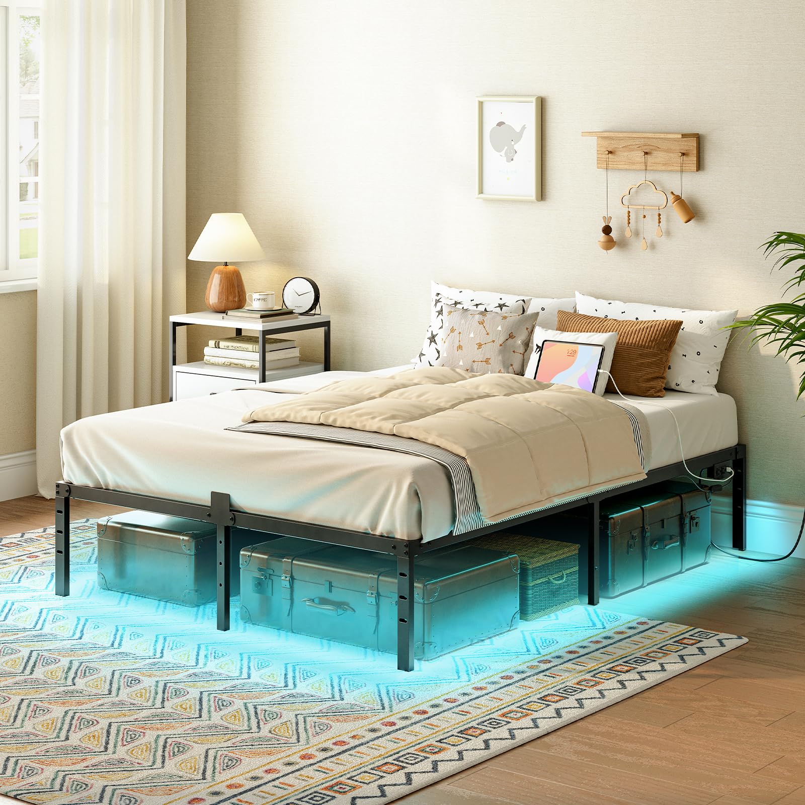hoobro-bed-frames-cadre-lit-double-noir-led-usb image 2