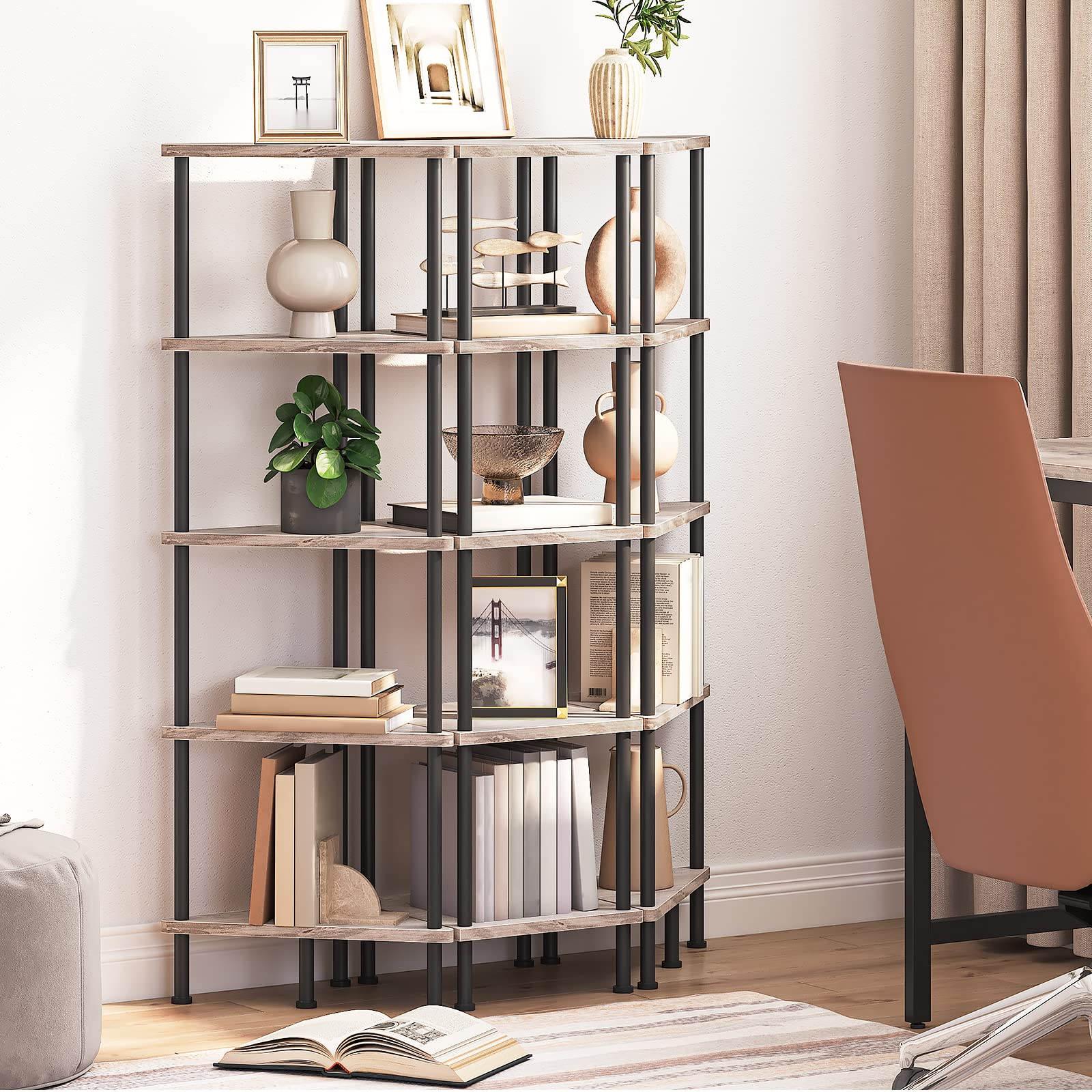 hoobro-bookshelves-5-tier-tag-re-angle-greige-5-niveaux image 5