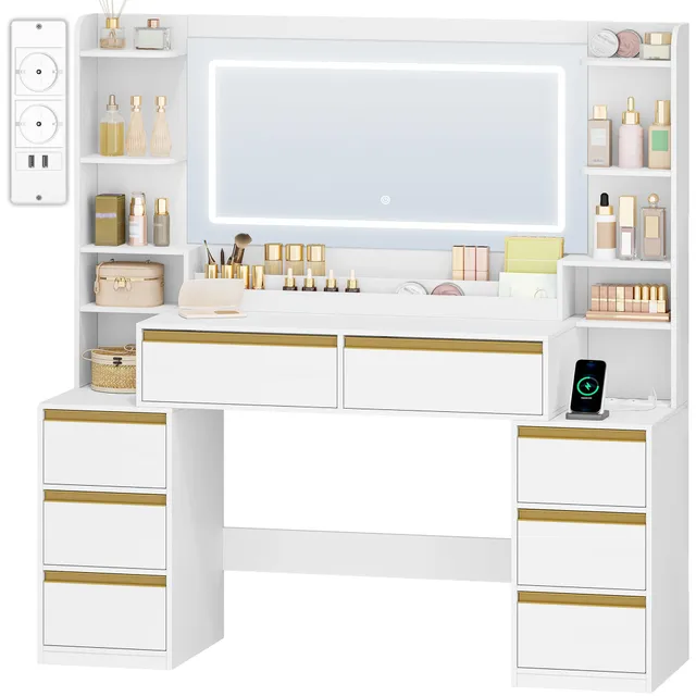 hexcelen-coiffeuse-avec-miroir-135-cm-blanc-dor-led-usb image 1