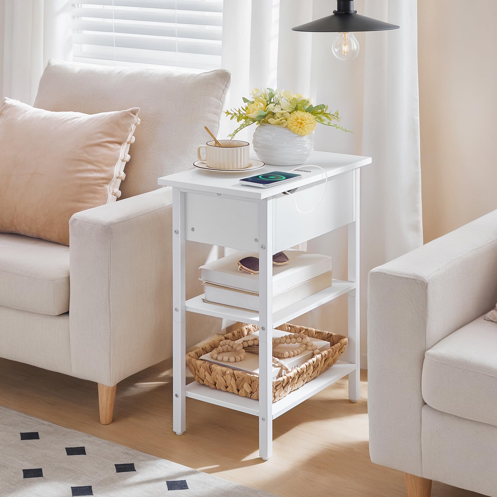hoobro-side-tables-table-chevet-blanche-usb-abattant-troite image 2