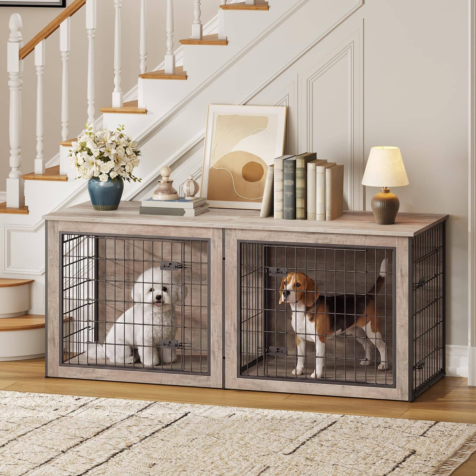 hoobro-pet-furniture-niche-chien-double-bois-greige-tv image 5