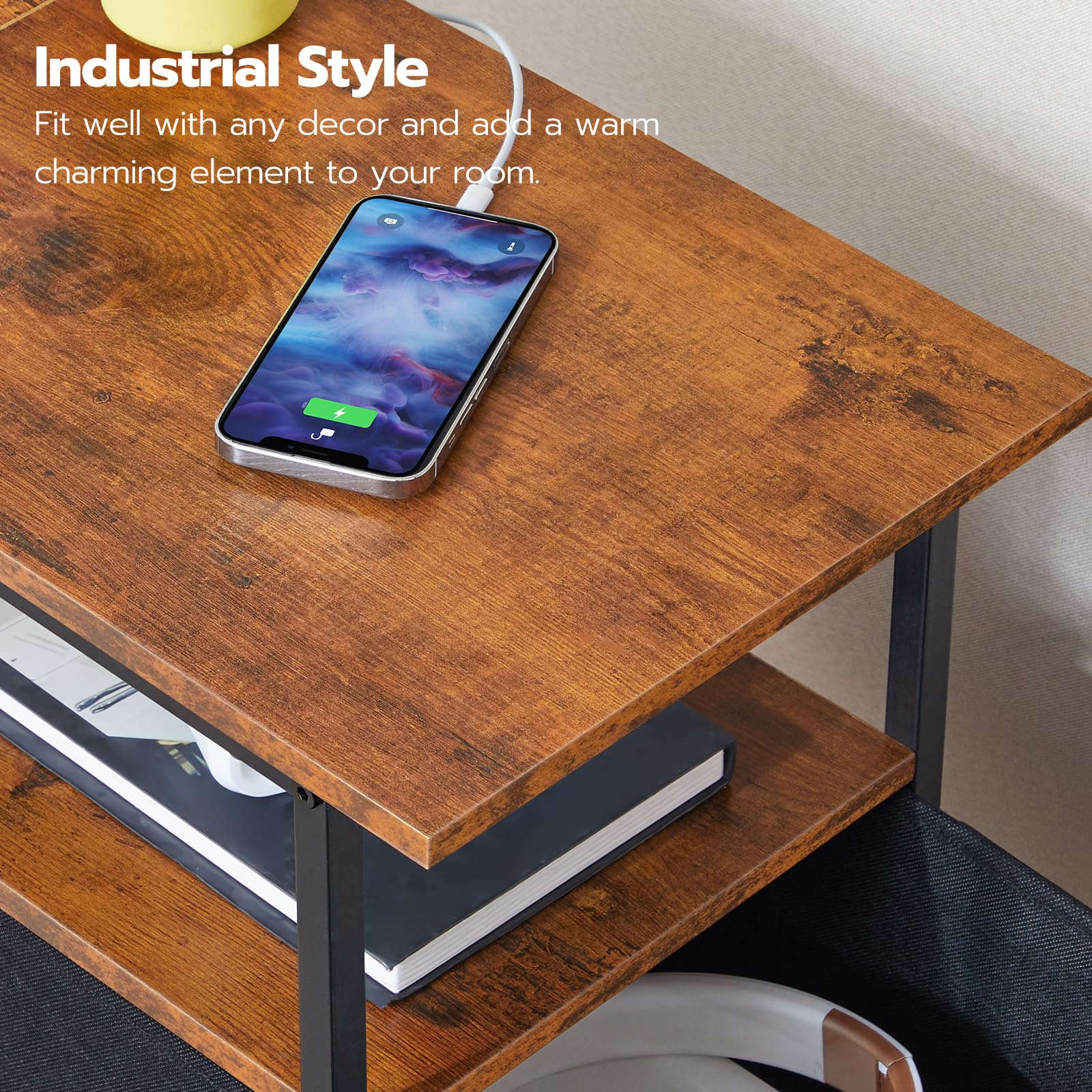hoobro-side-tables-lot-2-tables-appoint-marron-usb image 8