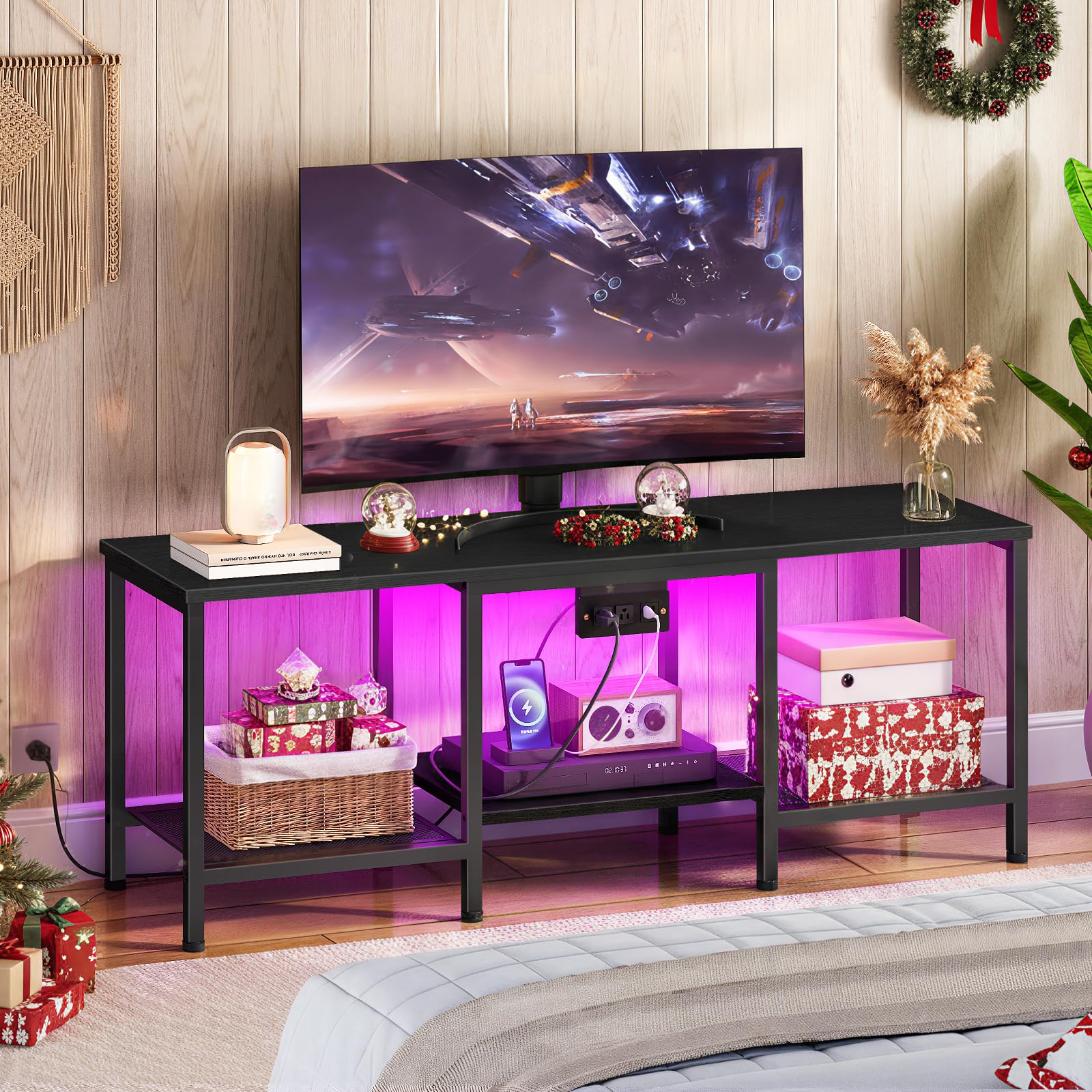 hoobro-meuble-tv-55-pouces-noir-led-avec-prises image 2