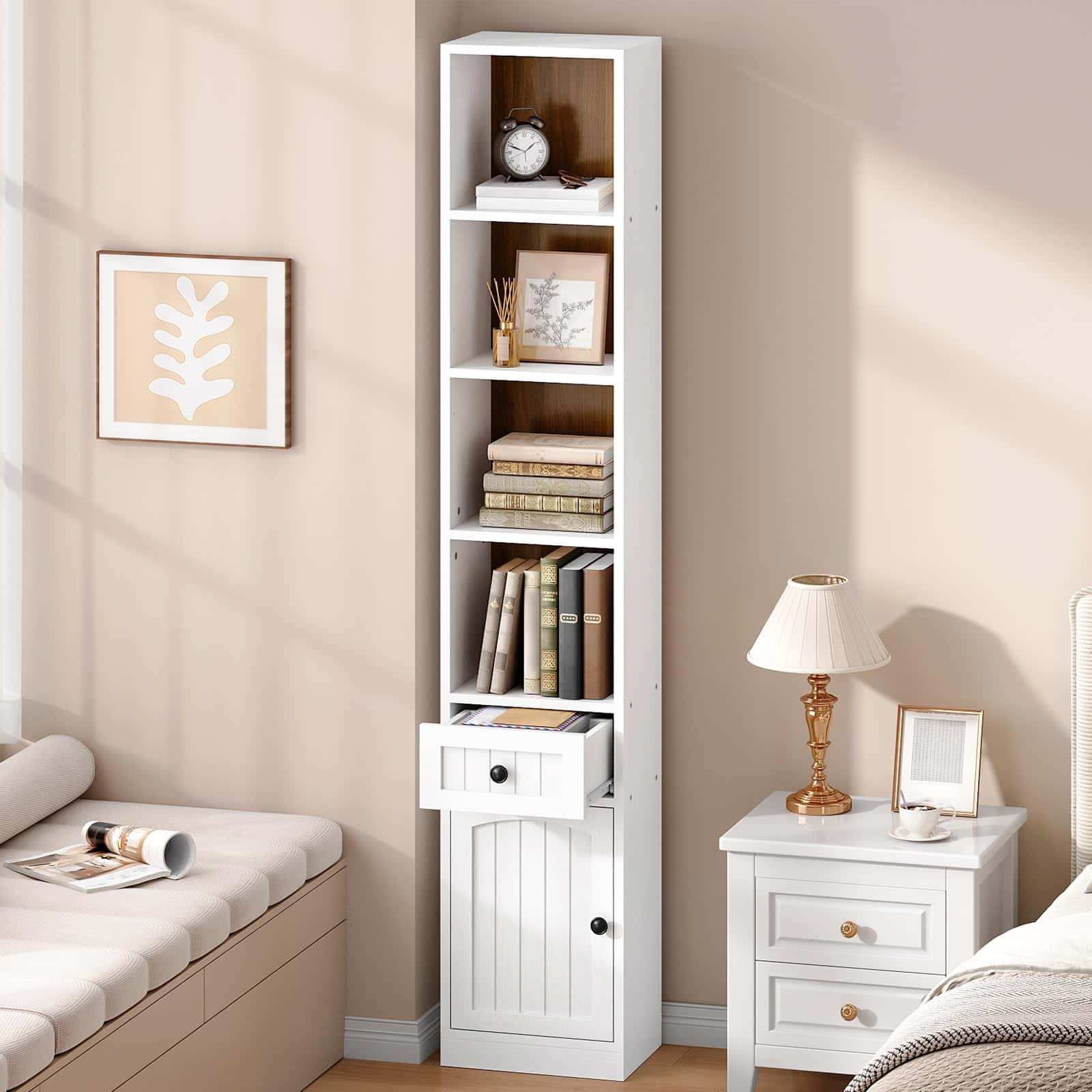 hoobro-bookshelves-biblioth-que-troite-blanche-180-cm-avec-placard image 4