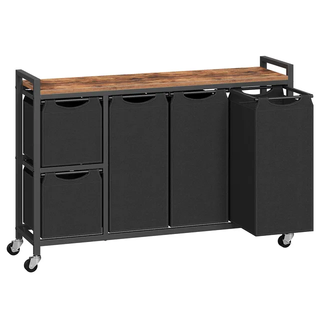 hoobro-bf26xy01-panier-linge-5-bacs-170l-marron-roulettes image 1