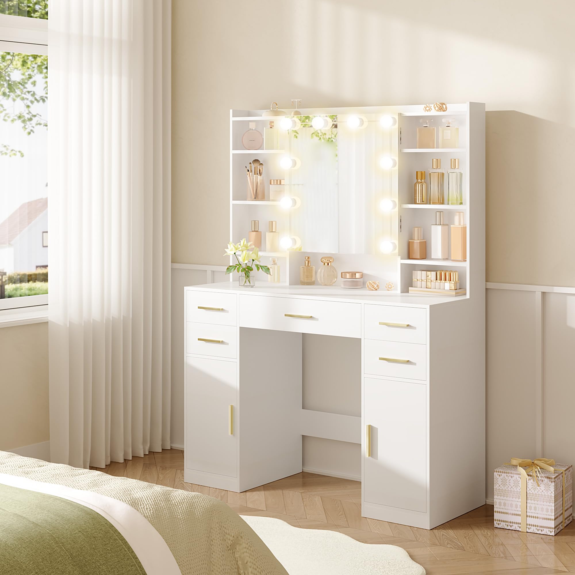 hexcelen-coiffeuses-avec-miroir-108-cm-blanche-led-5-tiroirs image 3