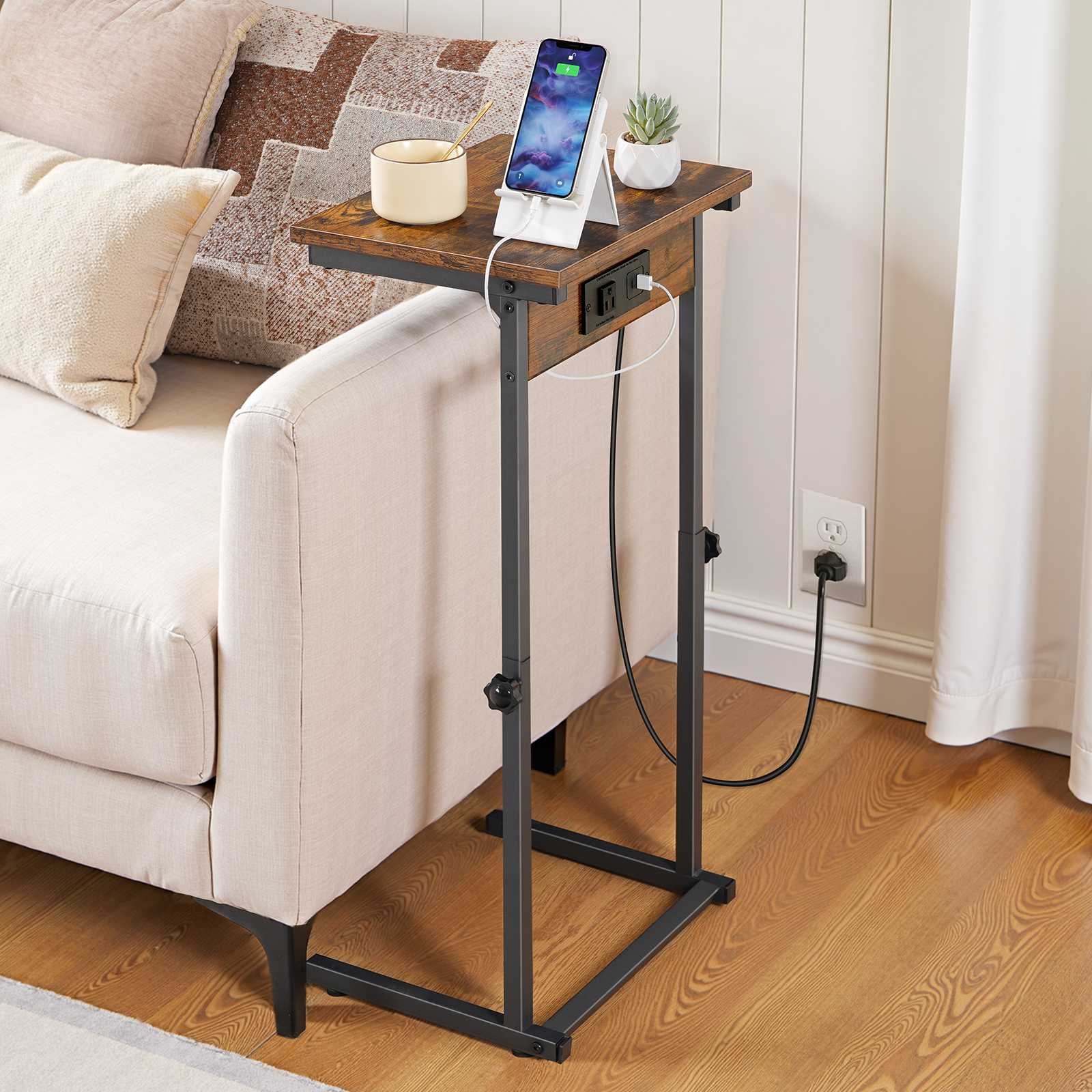 hoobro-table-d-appoint-en-c-marron-hauteur-r-glable-avec-prise image 2