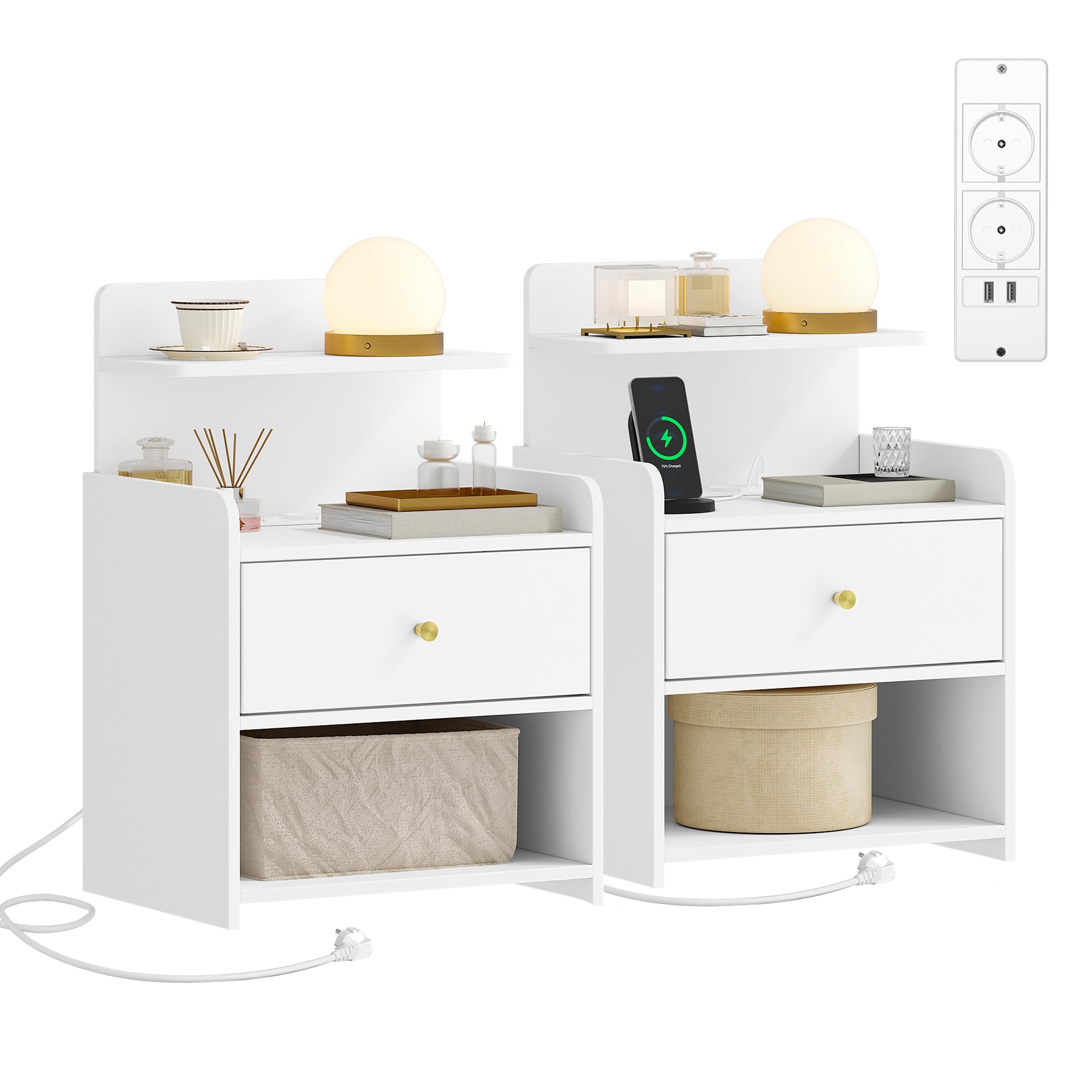 hexcelen-lot-2-tables-de-chevet-blanches-avec-prises-usb image 1