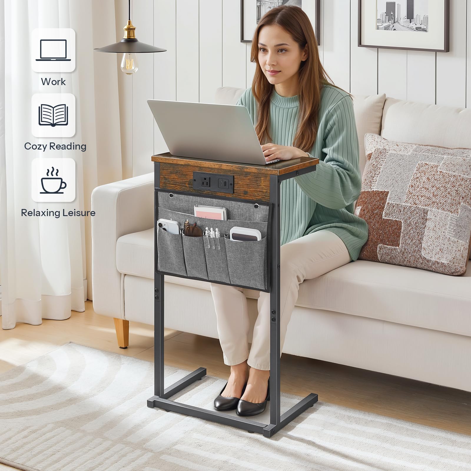 hoobro-table-d-appoint-en-c-marron-avec-station-charge image 5